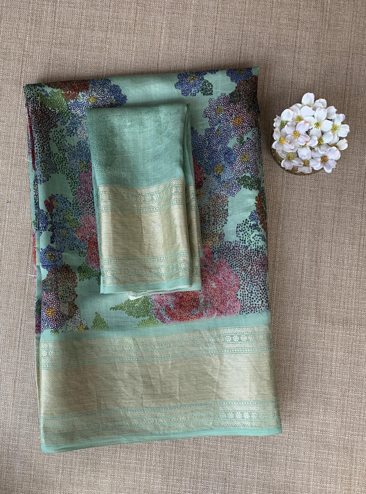 Mint Pure Handloom Chiniya Silk Saree with stunning Floral Print and zari borders