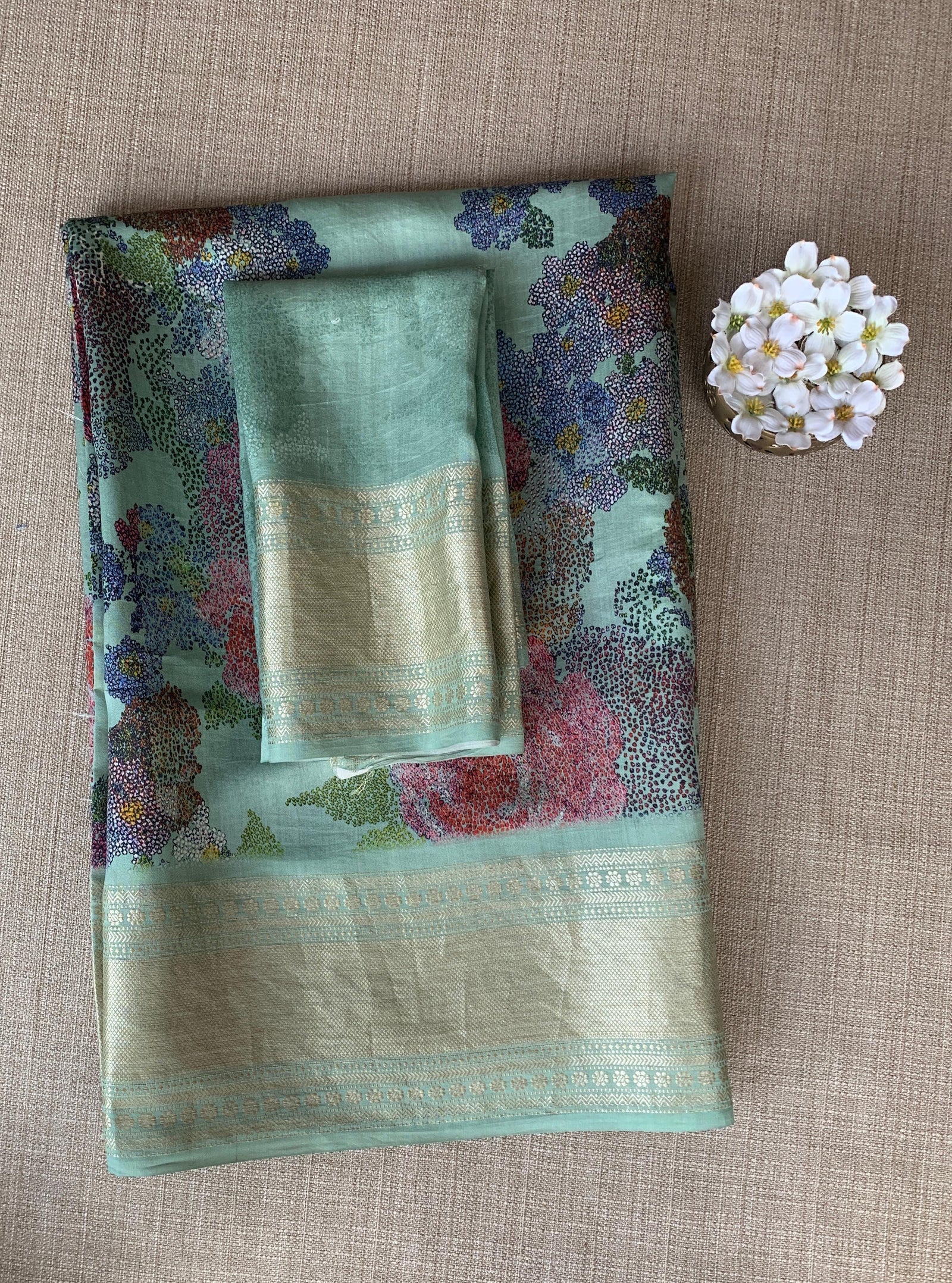 Mint Pure Handloom Chiniya Silk Saree with stunning Floral Print and zari borders