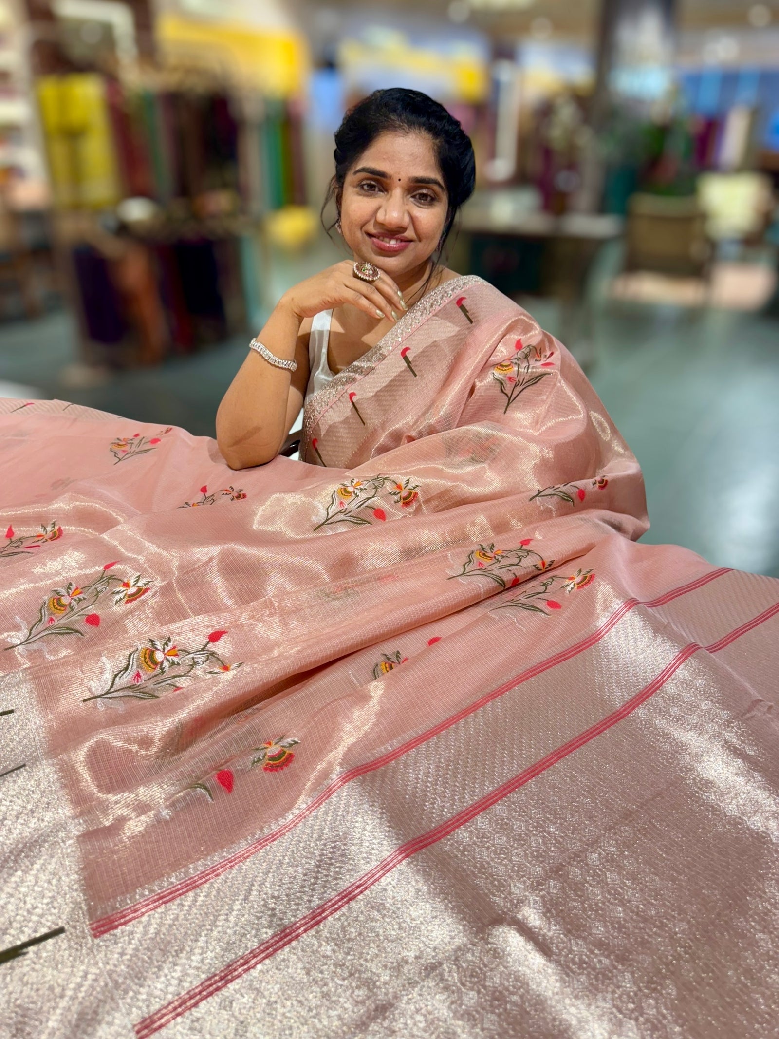 Peach Tissue Kota Saree With sabhyasachi Borders and Blouses