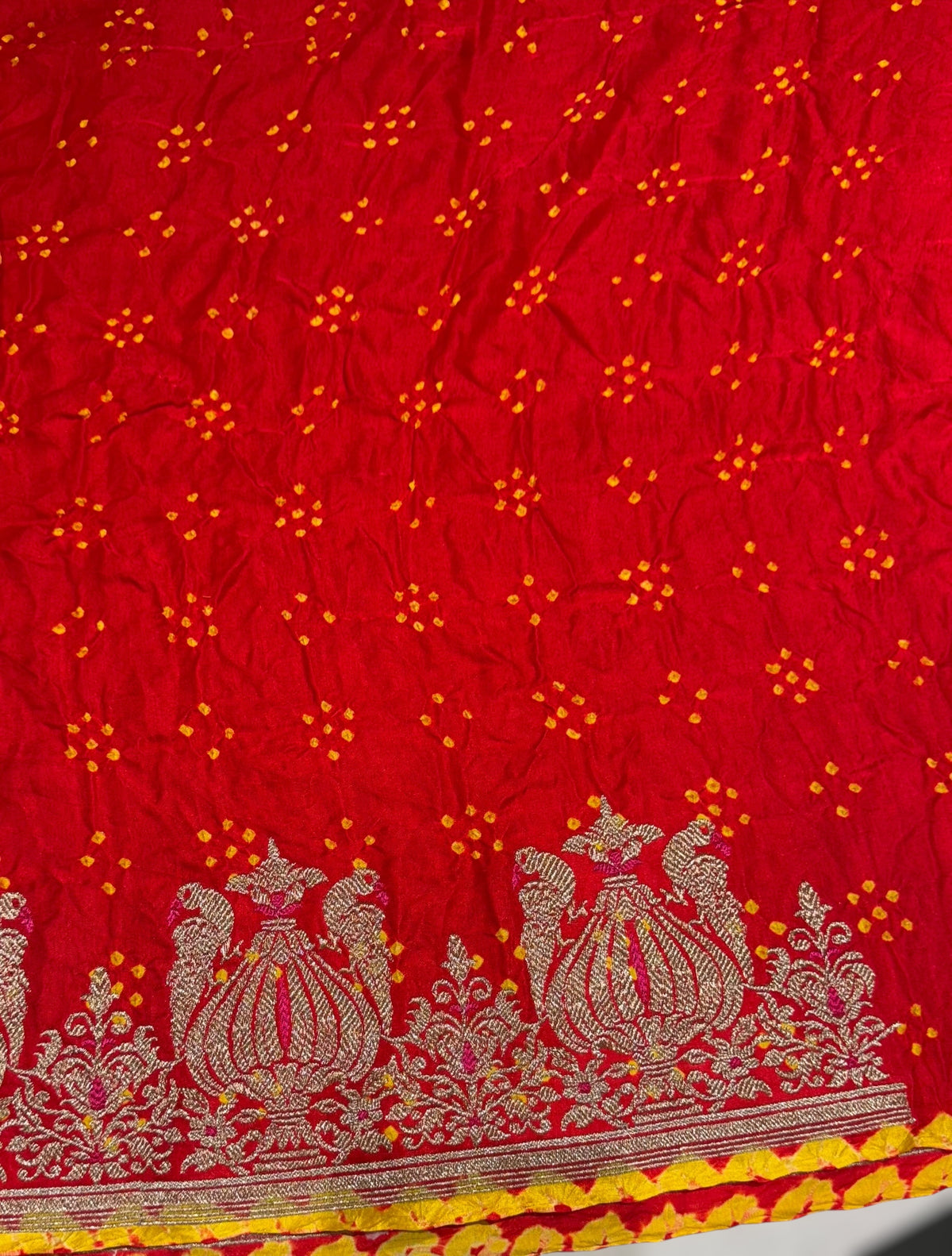 Orangish Red Designer Rai Bandhej Saree With Embroidered Border