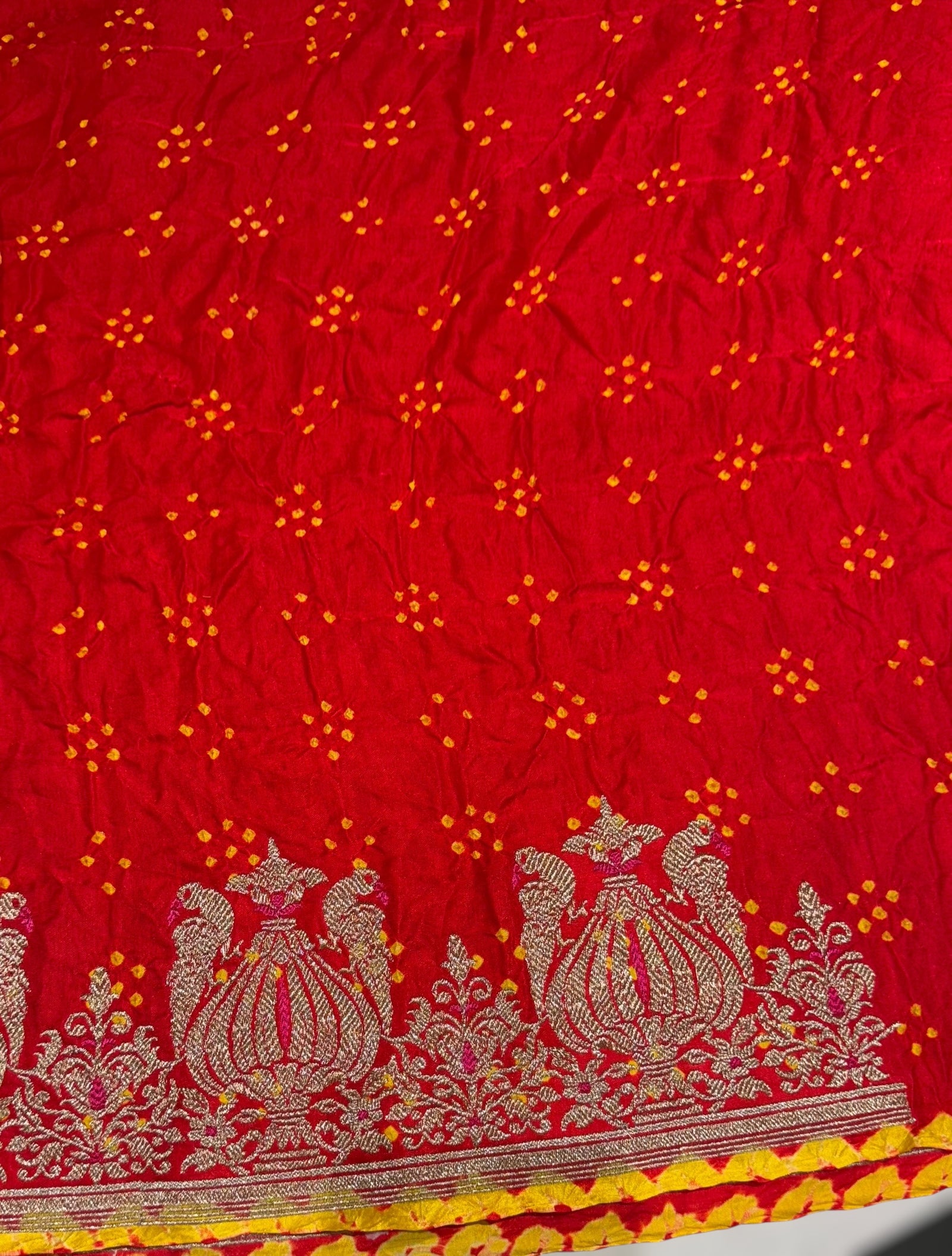 Orangish Red Designer Rai Bandhej Saree With Embroidered Border