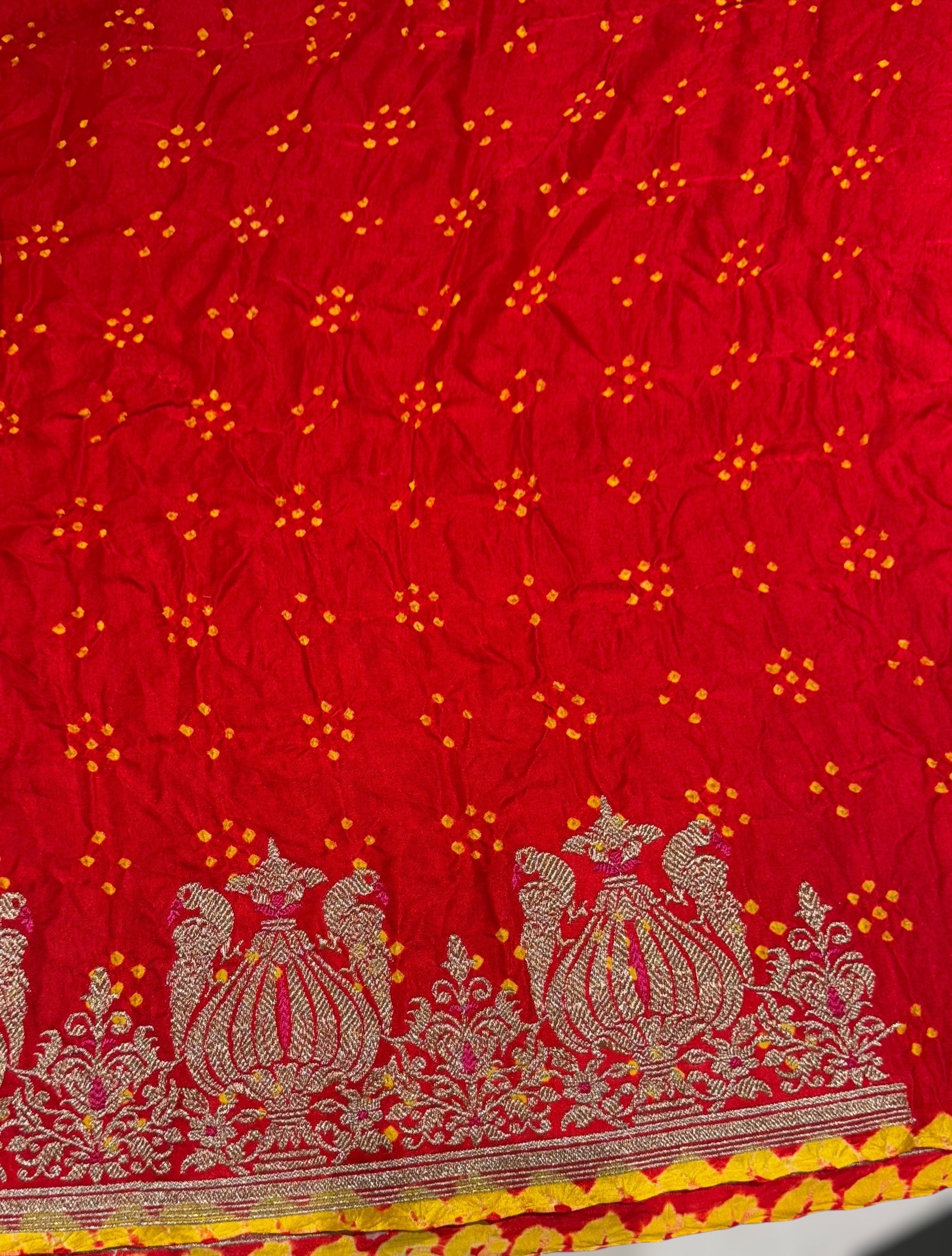 Orangish Red Designer Rai Bandhej Saree With Embroidered Border