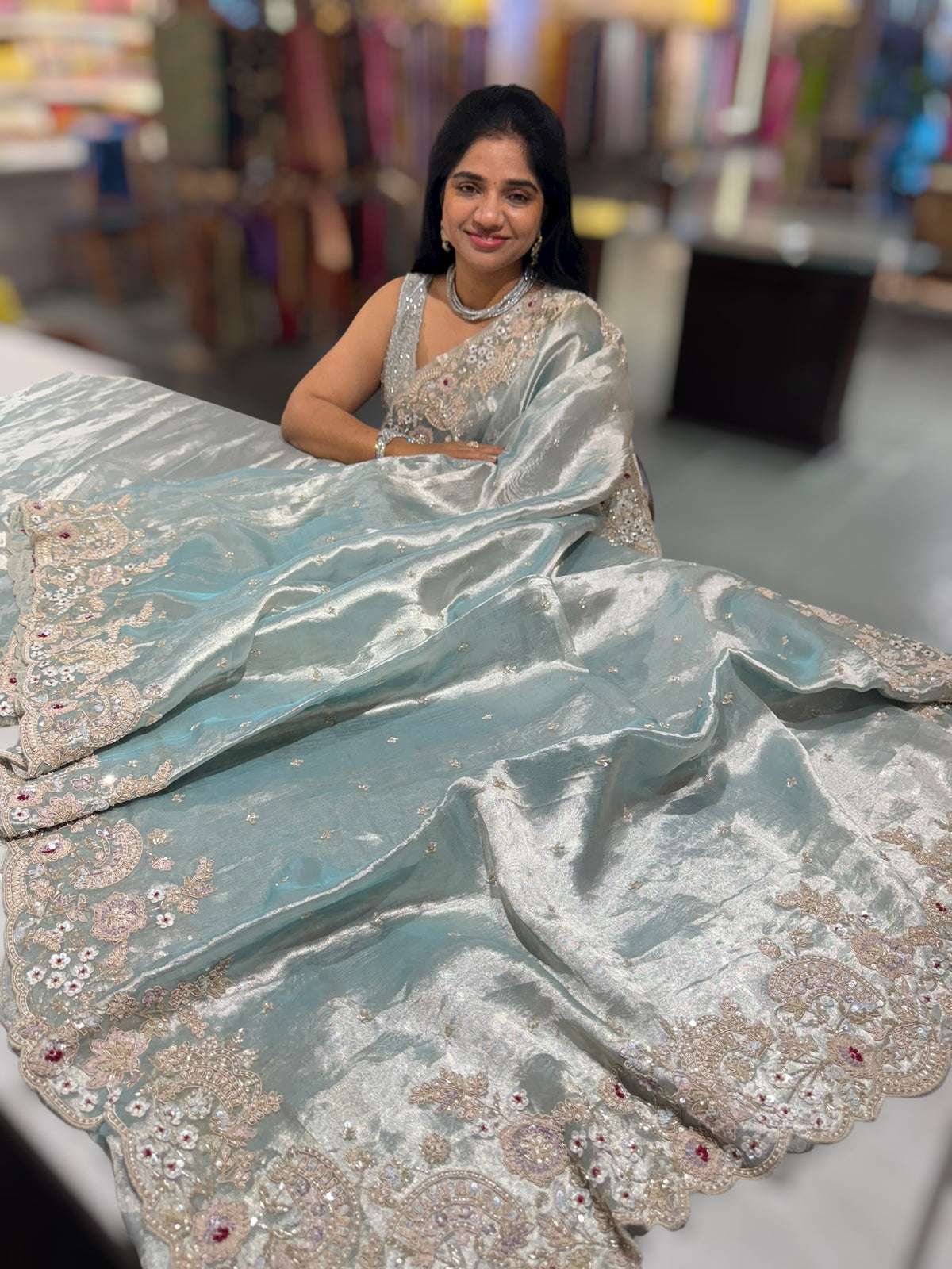 Pastel Blue tissue saree with heavy handwork