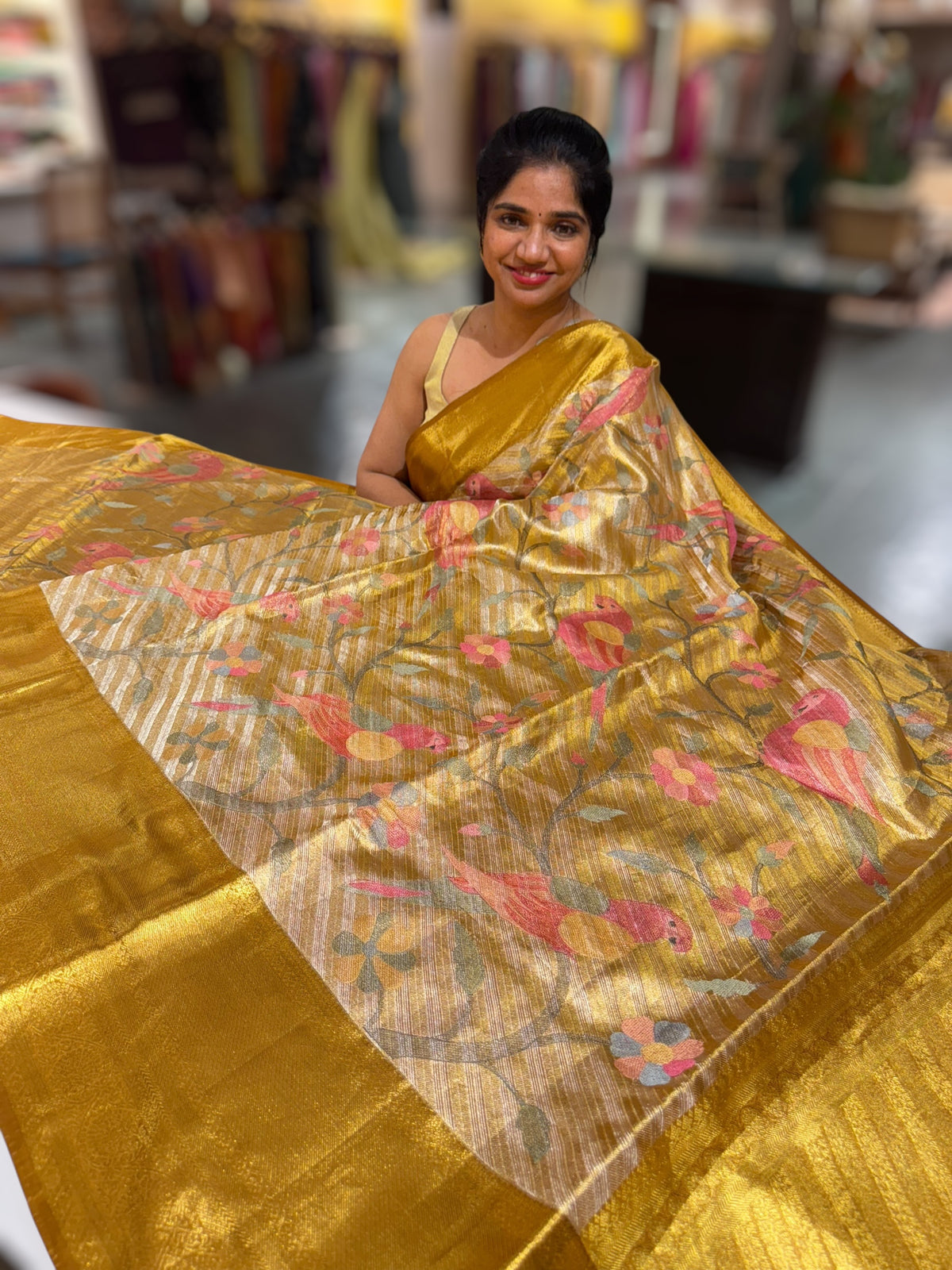 Molten Gold Kanjeevaram Tissue Saree with allover embroidery