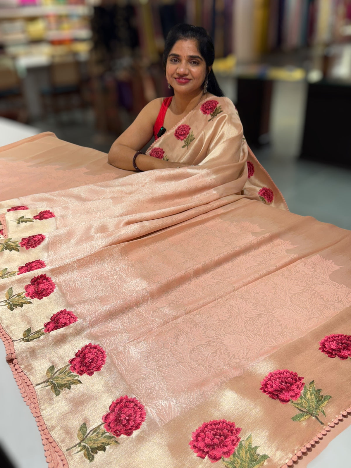 Peach pink Banarasi Brocade tissue saree with tonchui style weaving &amp; embroidered dahlia flower border