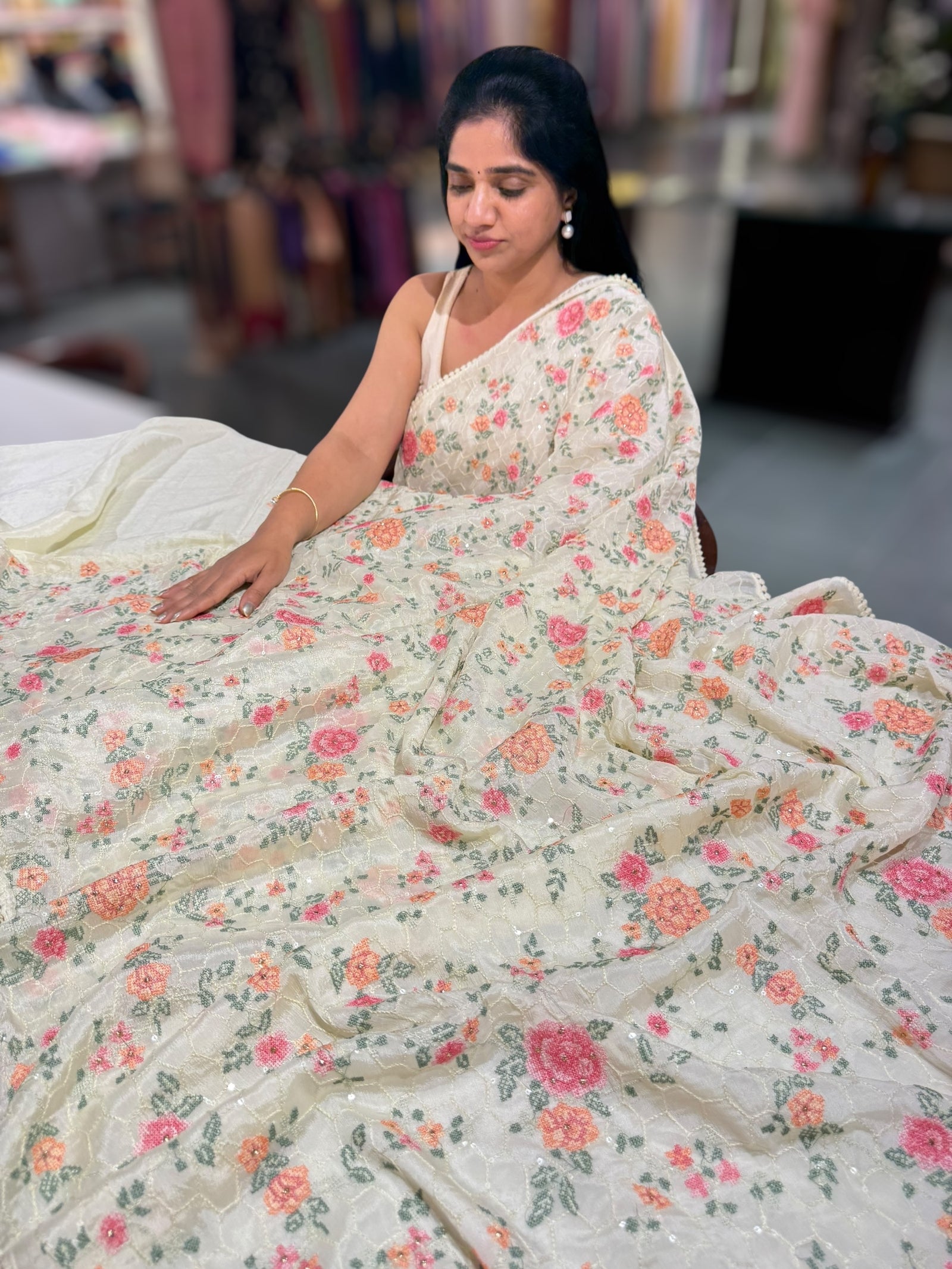 Ivory Chinnon saree with allover petite point embroidery