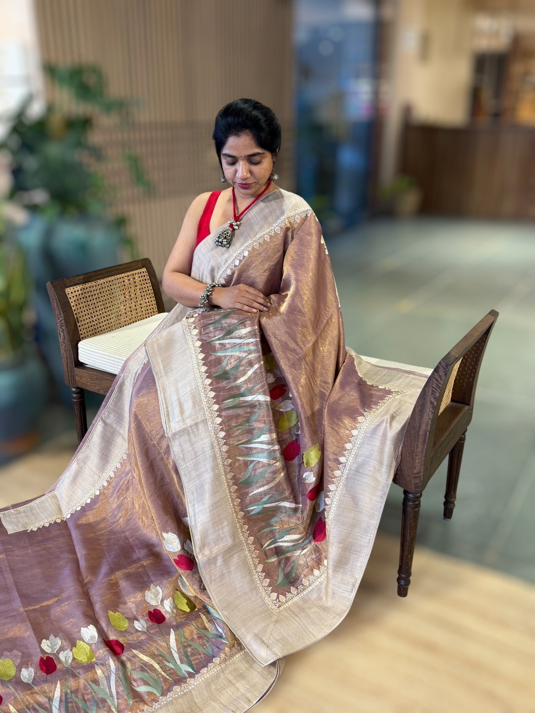 Lilac Designer Handloom Tissue Saree With Tulip embroidery