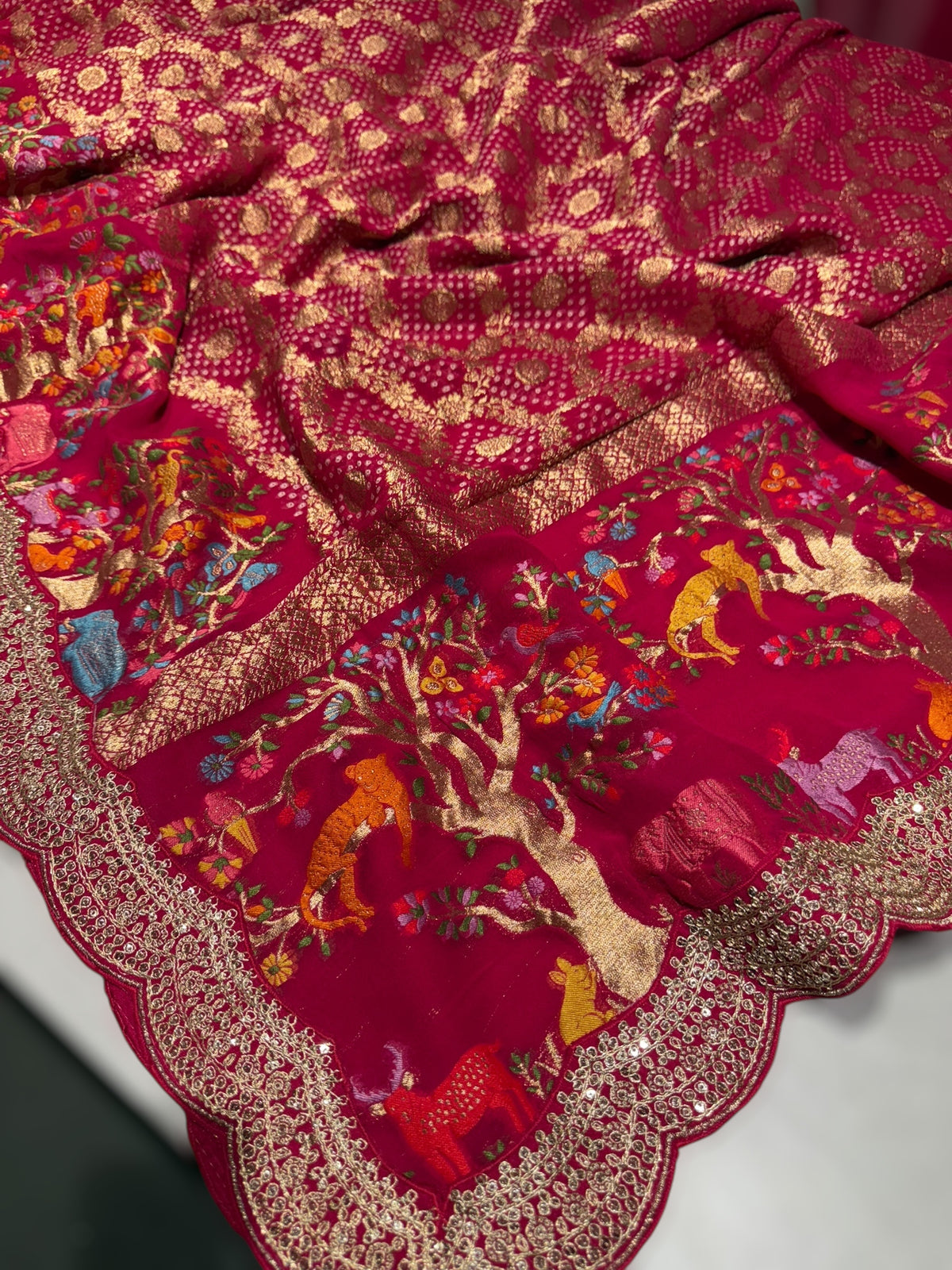 Reddish pink  Bandhini Georgette Saree with sabya style scallop border