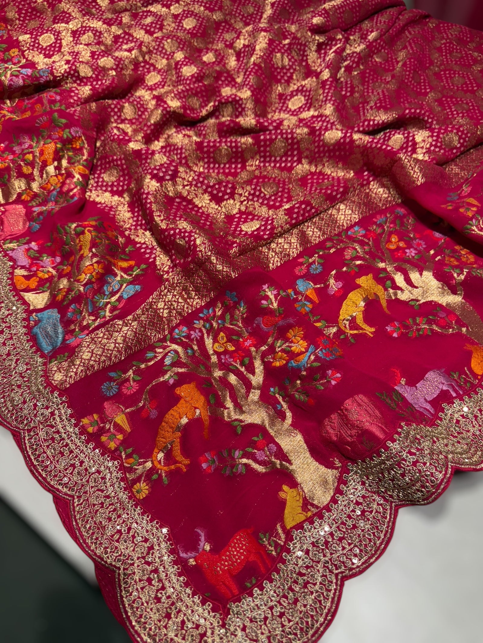 Reddish pink  Bandhini Georgette Saree with sabya style scallop border