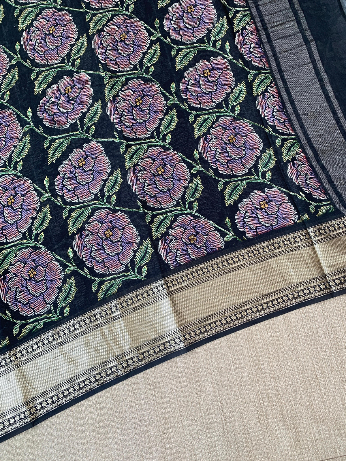Black Pure Handloom Chiniya Silk Saree with stunning Floral Print and zari borders