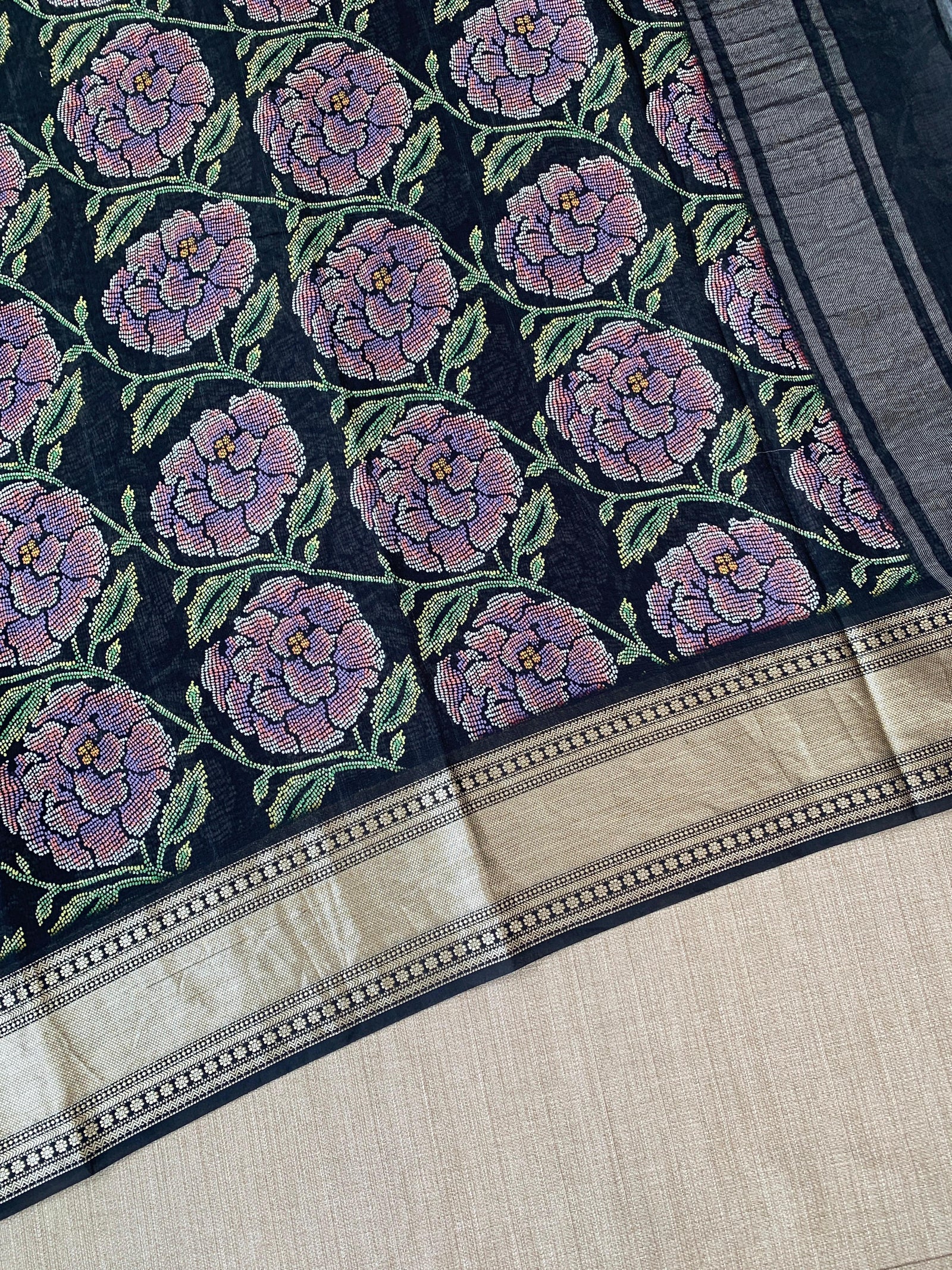 Black Pure Handloom Chiniya Silk Saree with stunning Floral Print and zari borders