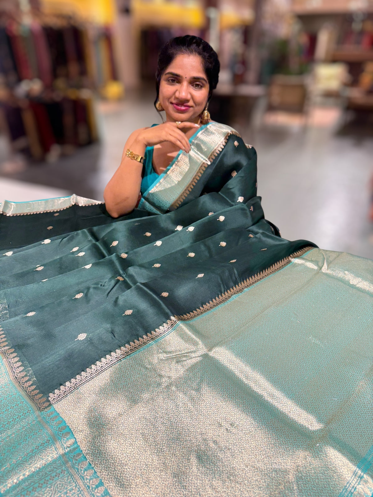 Forest Green & Teal Pure Handloom Kora Banarasi Saree