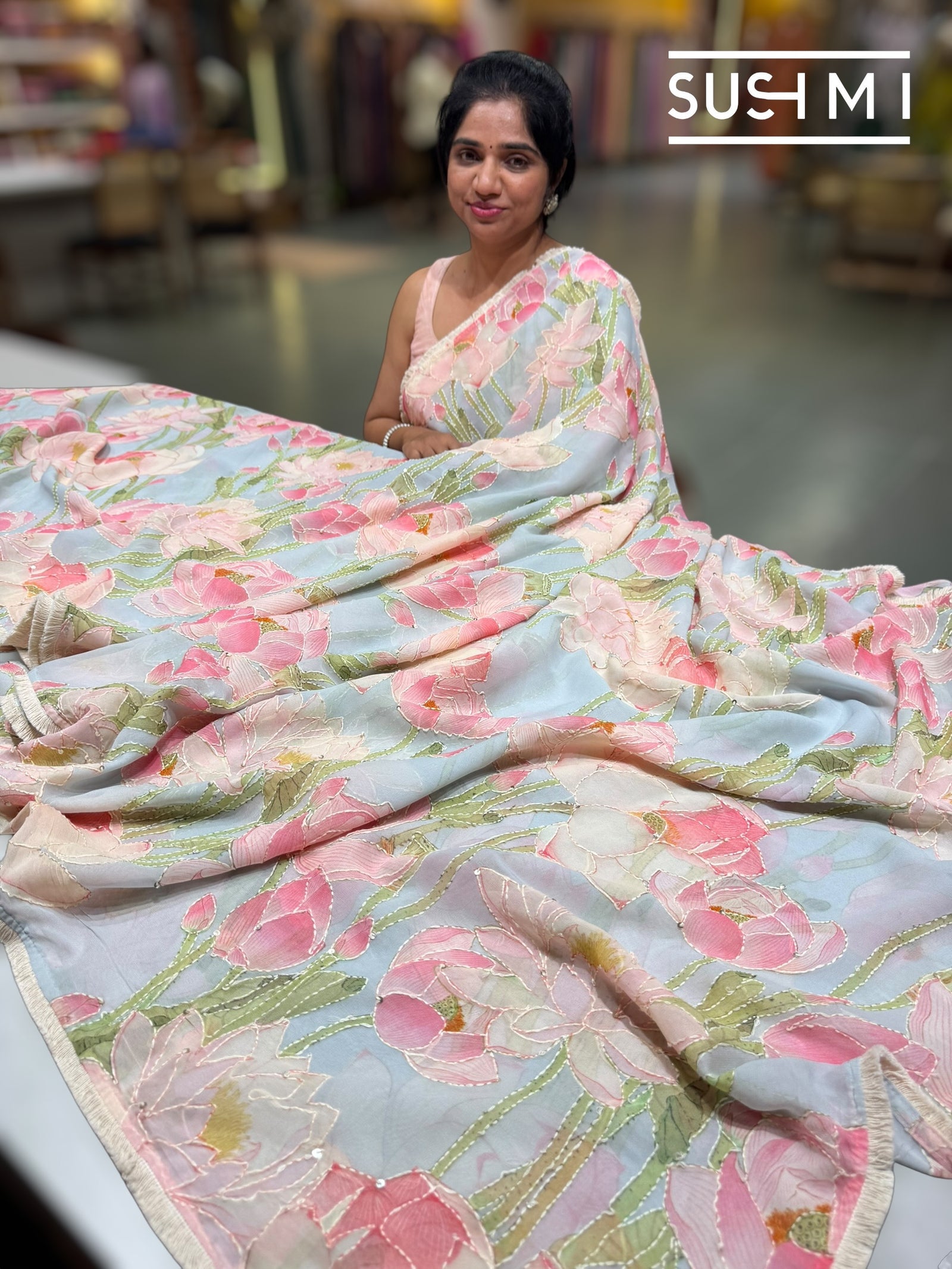 Powderblue printed georgette saree with handwork : S62F202