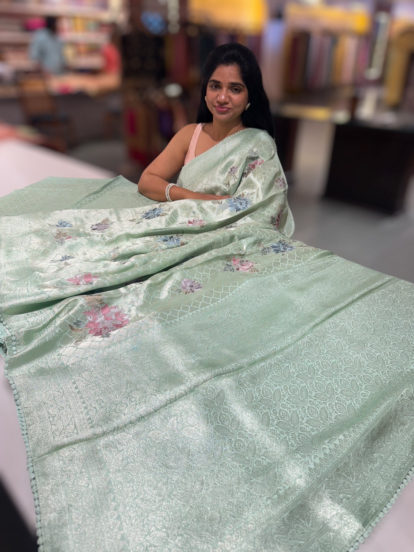 Mint Banarasi Brocade tissue saree with allover floral embroidery