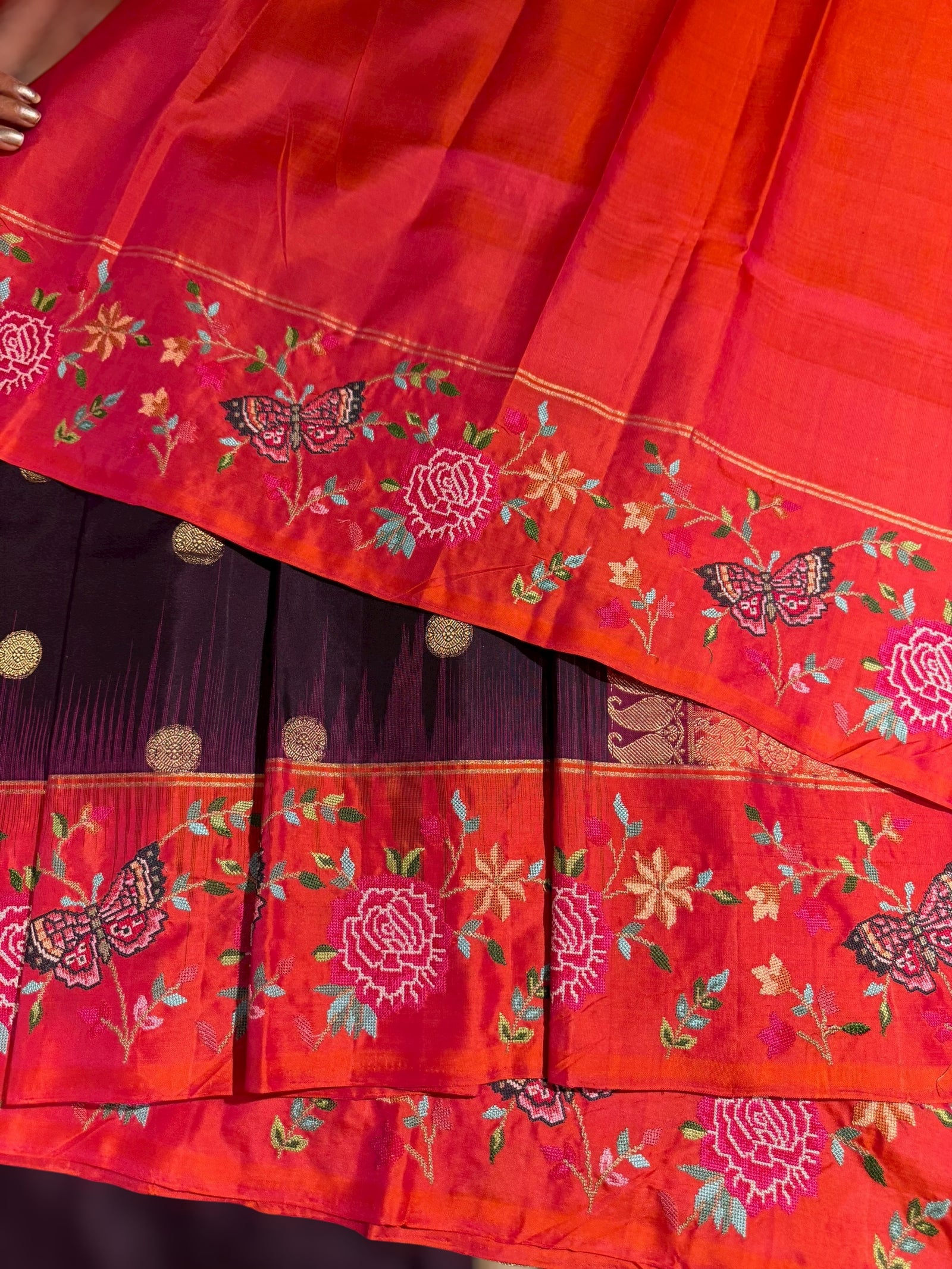 Wine Kanchi Soft Silk Saree with petite point embroidered border