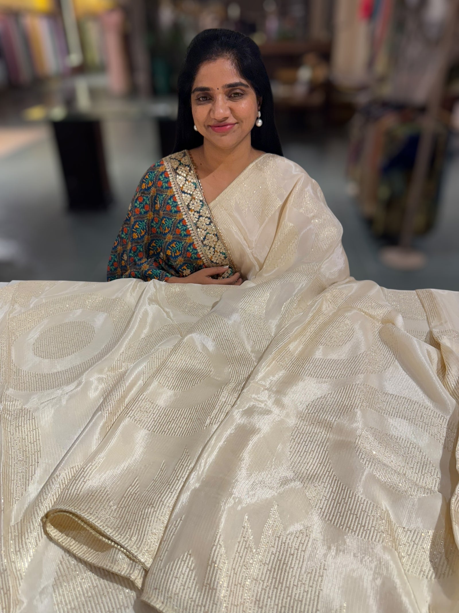 Ivory Chinnon saree with threadwork