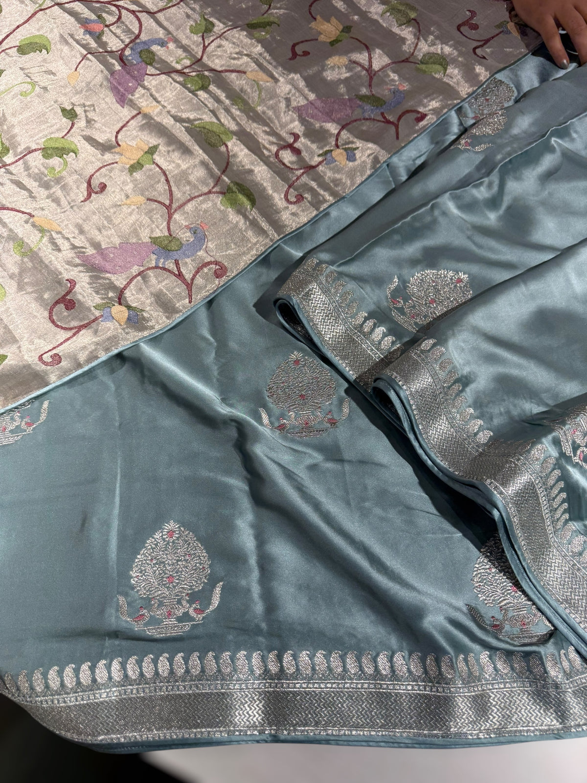 Powder Blue Pure Satin Saree with Embroidery.