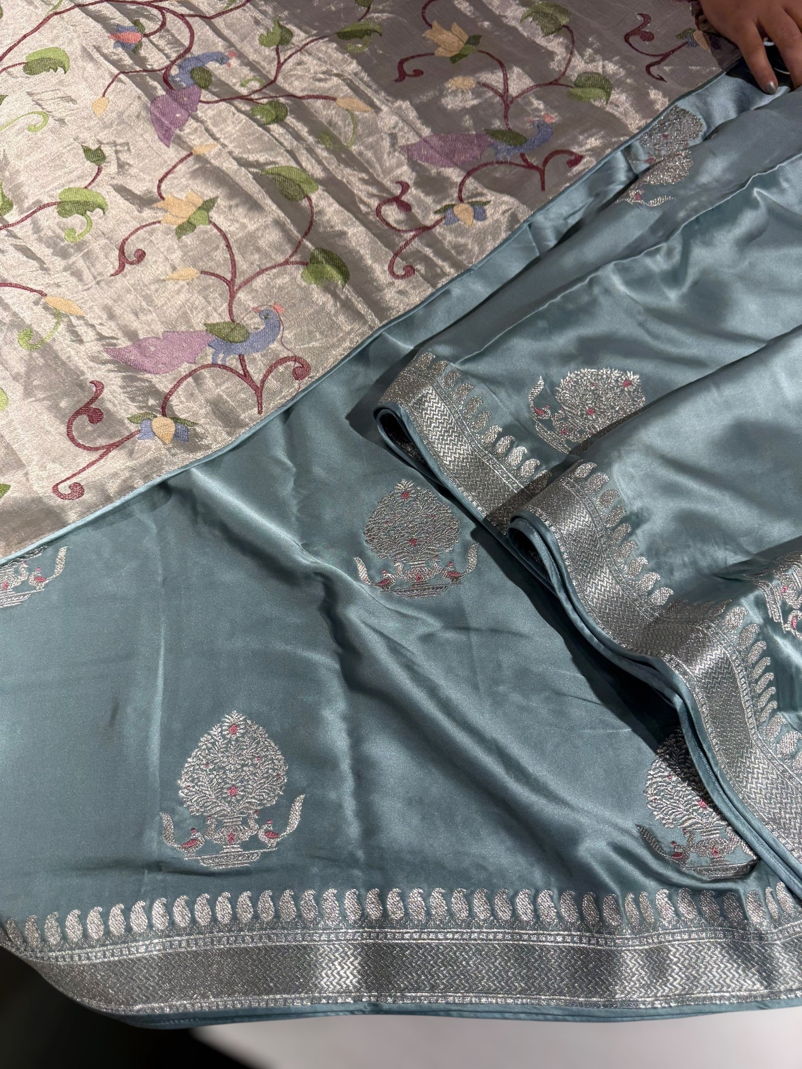 Powder Blue Pure Satin Saree with Embroidery.