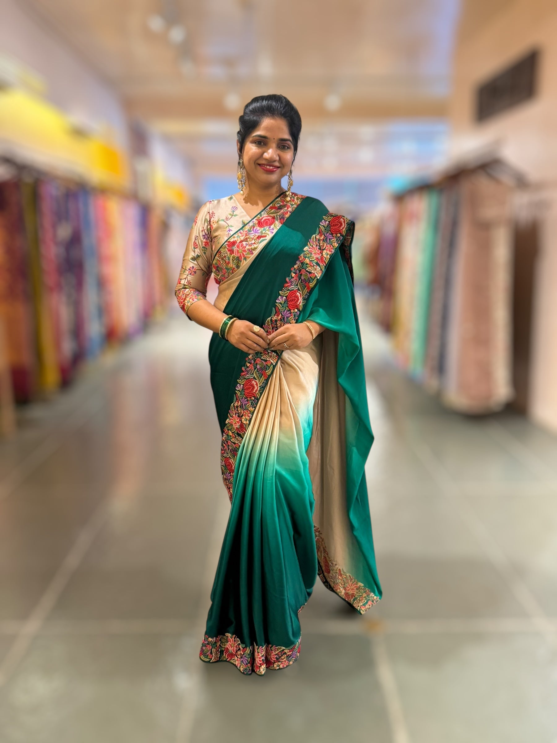 Pure Satin Ombre Dyed Saree with Petite Point Embroidered Border and blouse.
