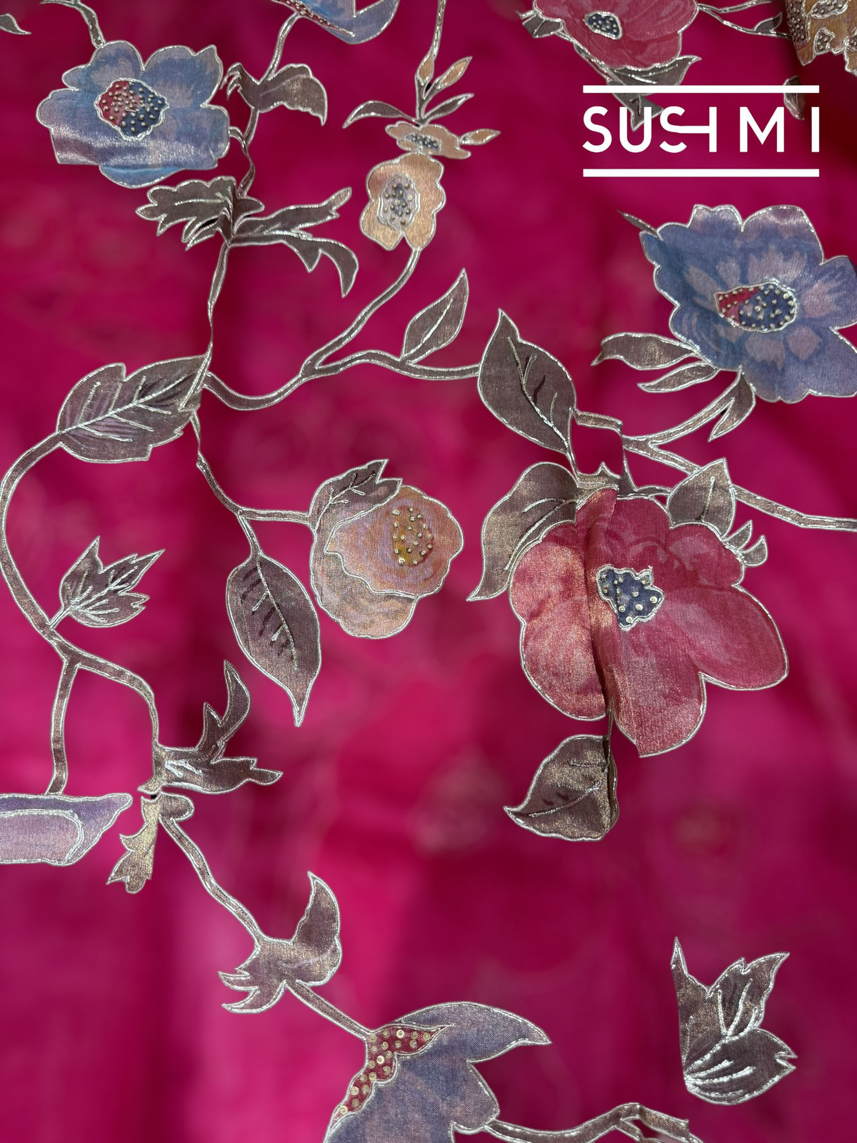 Ruby Pink Designer Organza with Tissue applique work : S62F093