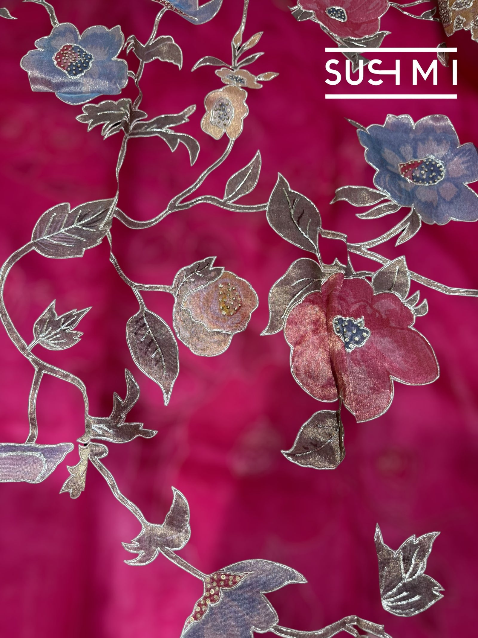 Ruby Pink Designer Organza with Tissue applique work : S62F093