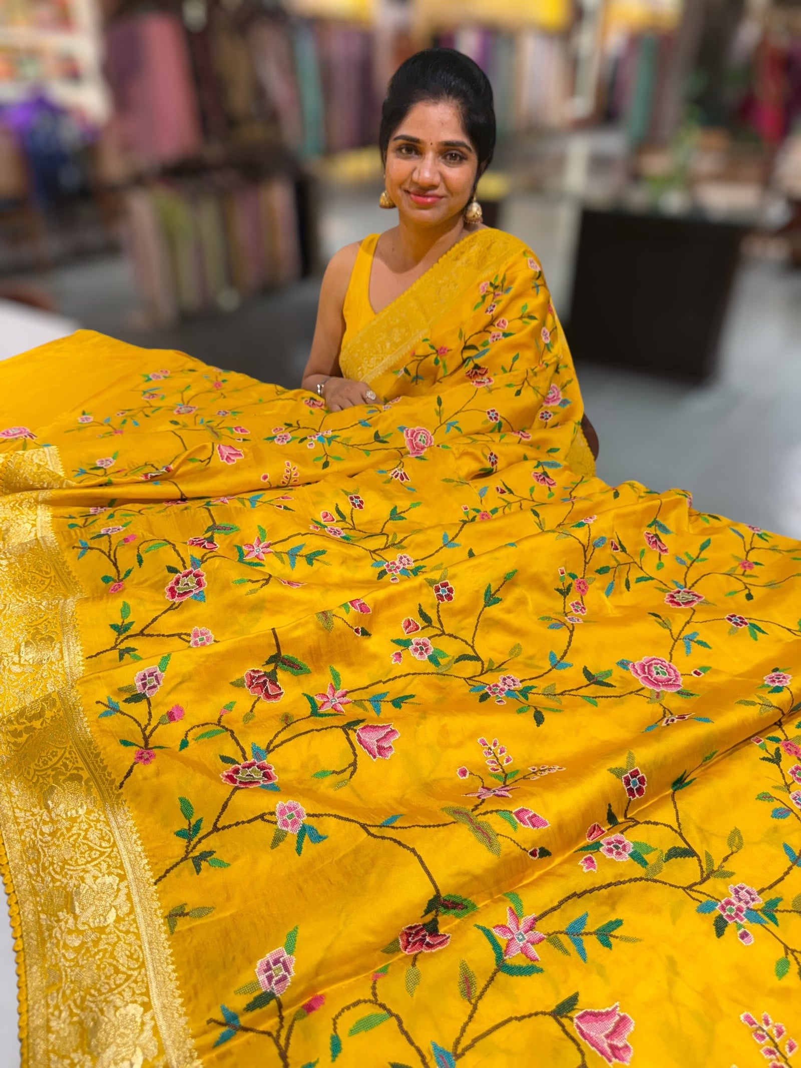 Mango Yellow Mashru Banaras with petite Point embroidery