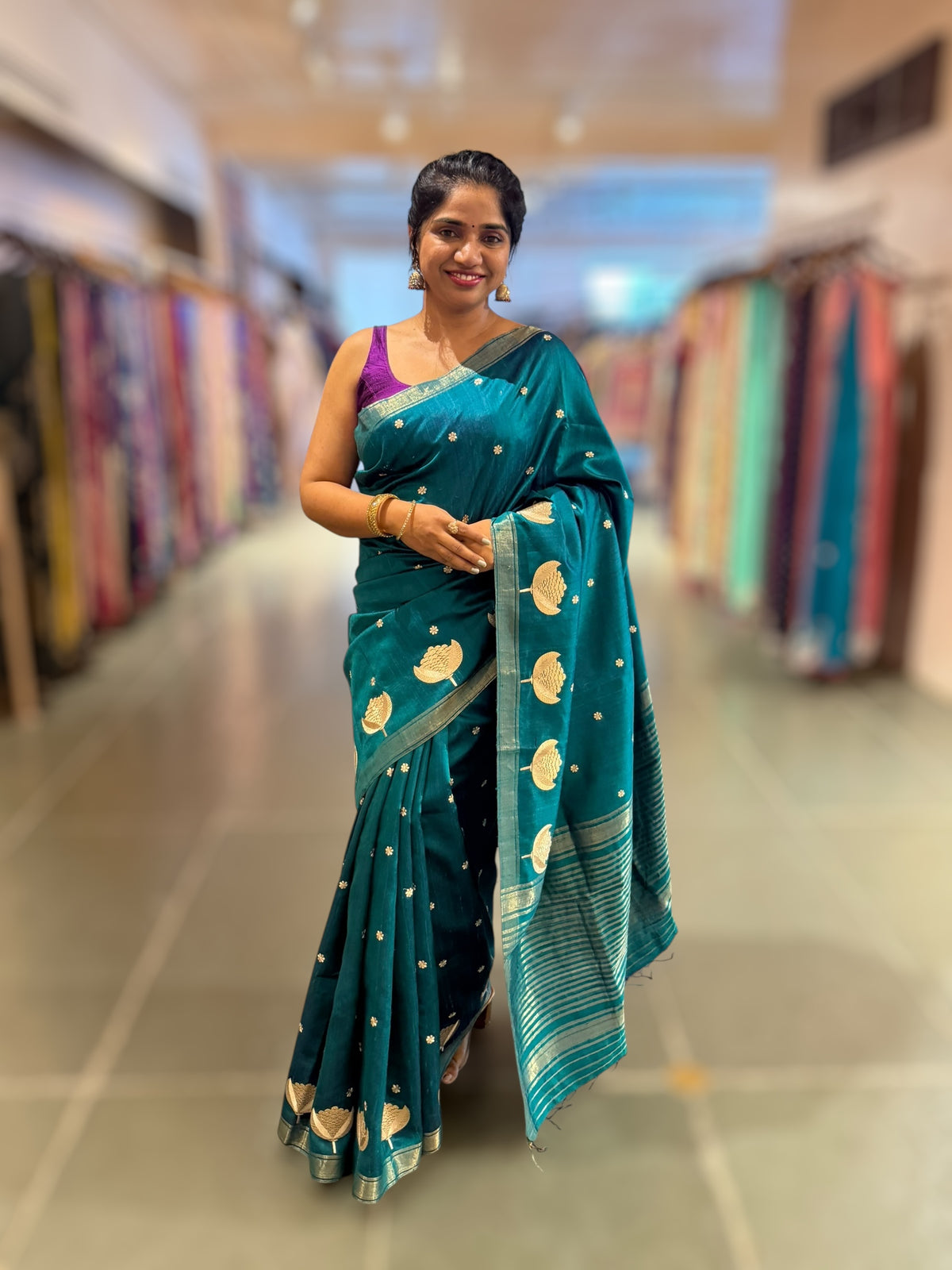 Peacock Blue Pure Handloom Raw Silk Saree
