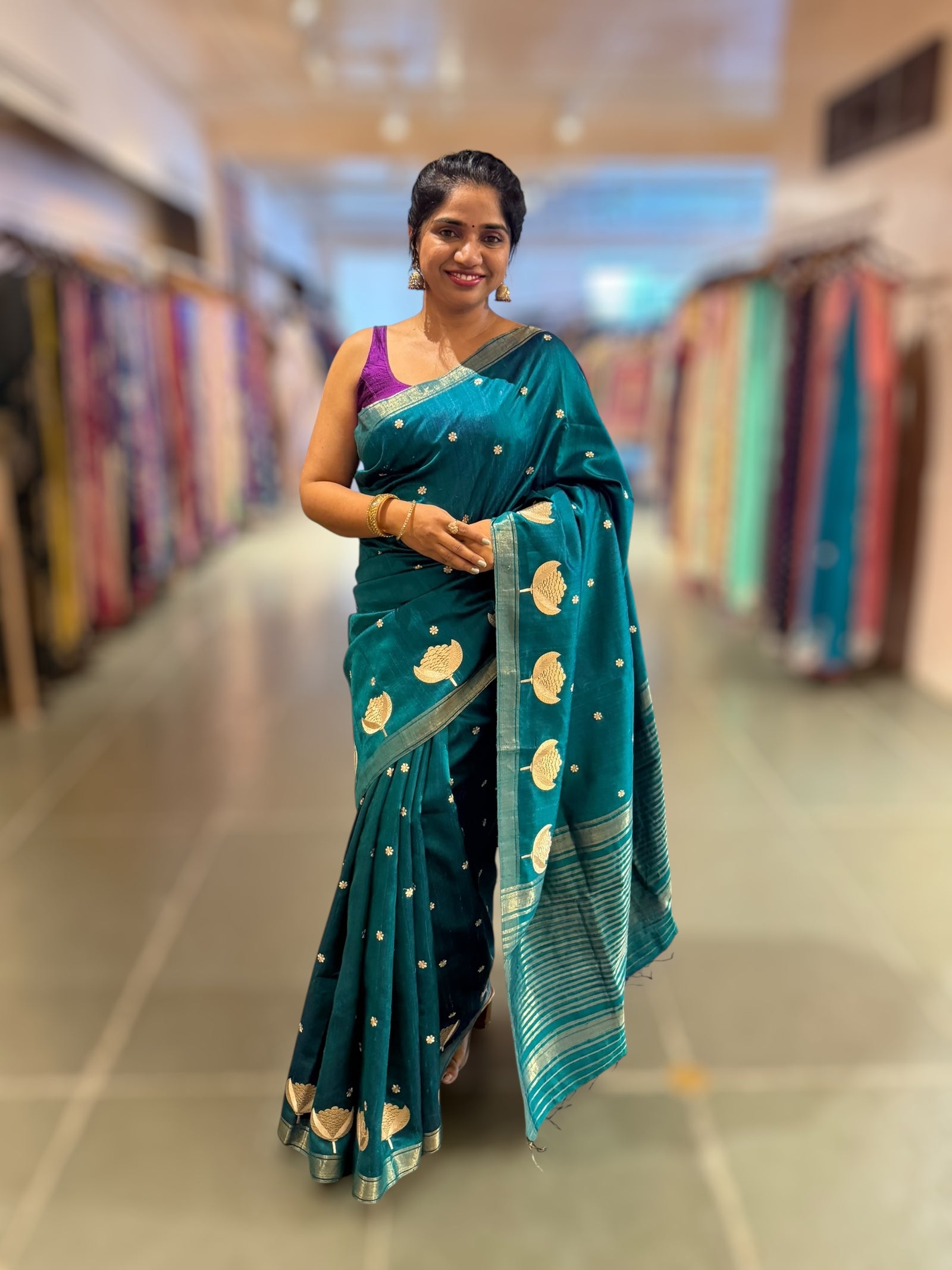 Peacock Blue Pure Handloom Raw Silk Saree