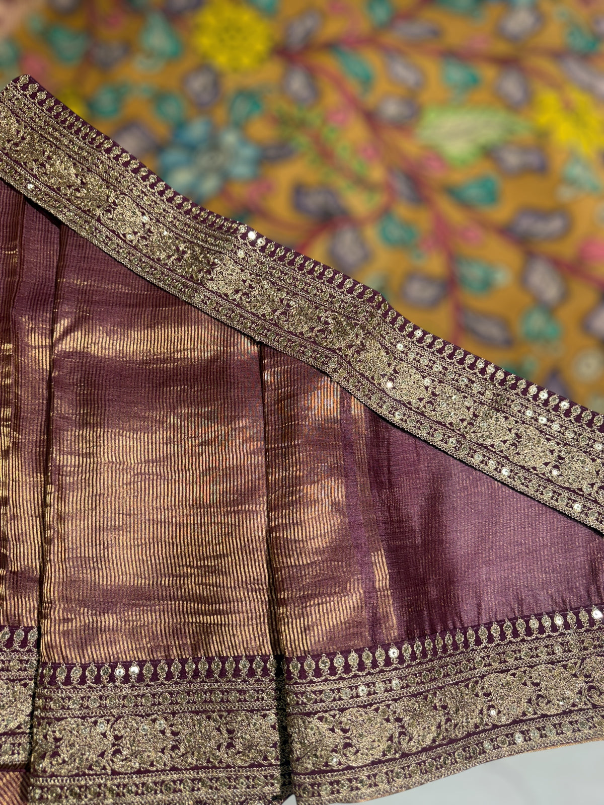 Wine kora Muslin Tissue fusion saree