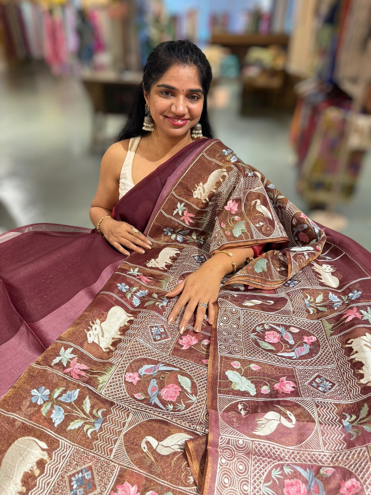 Winish Brown Kora-Tussar blend Handloom Saree with Tissue embroidered Skirt Border
