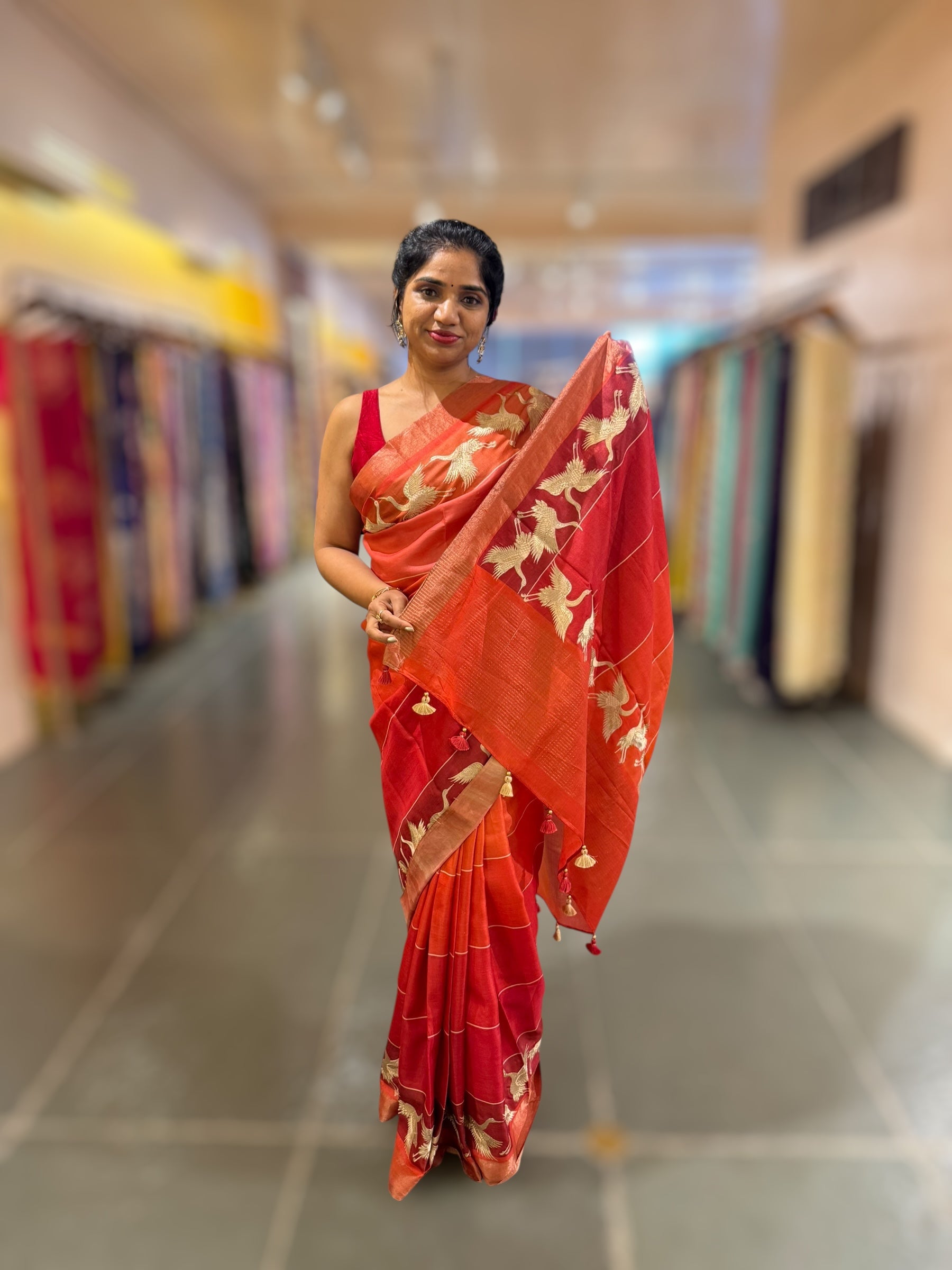 Tussar Rangkaat Saree With Crane Bird  Embroidered Border
