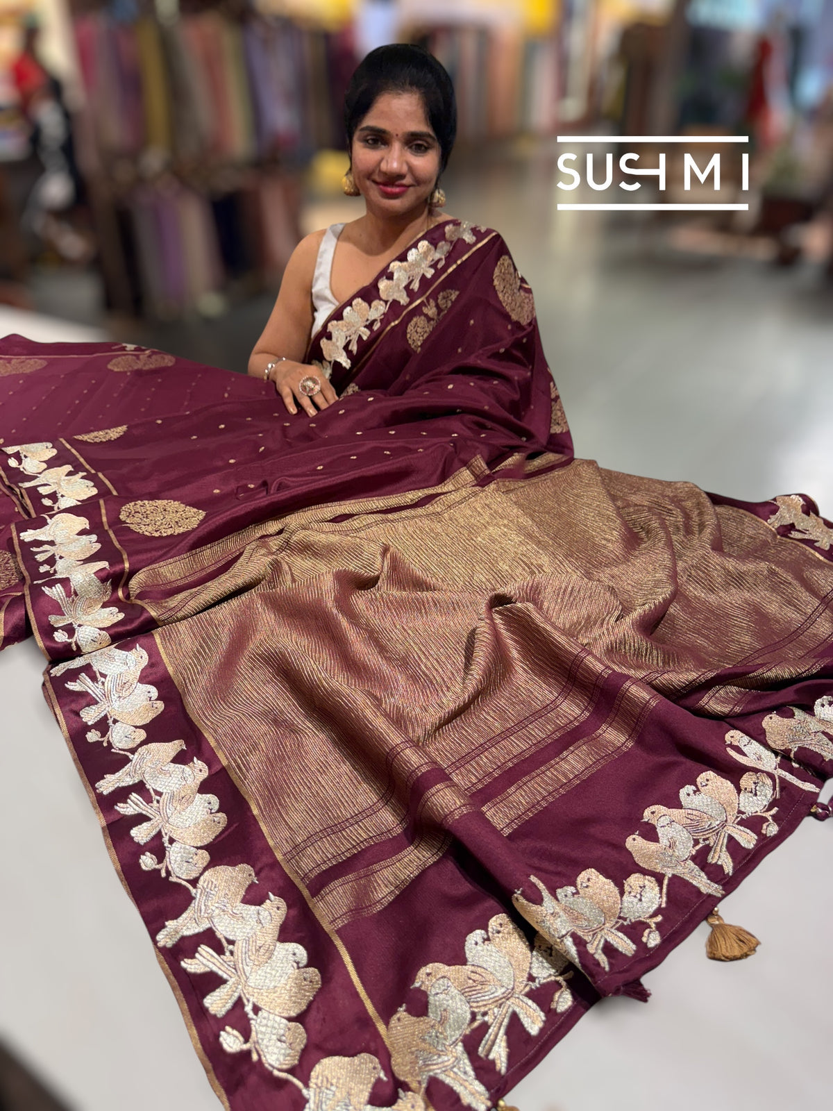 Winish Brown Mysore silk saree with woven motif and embroidered border : D62132