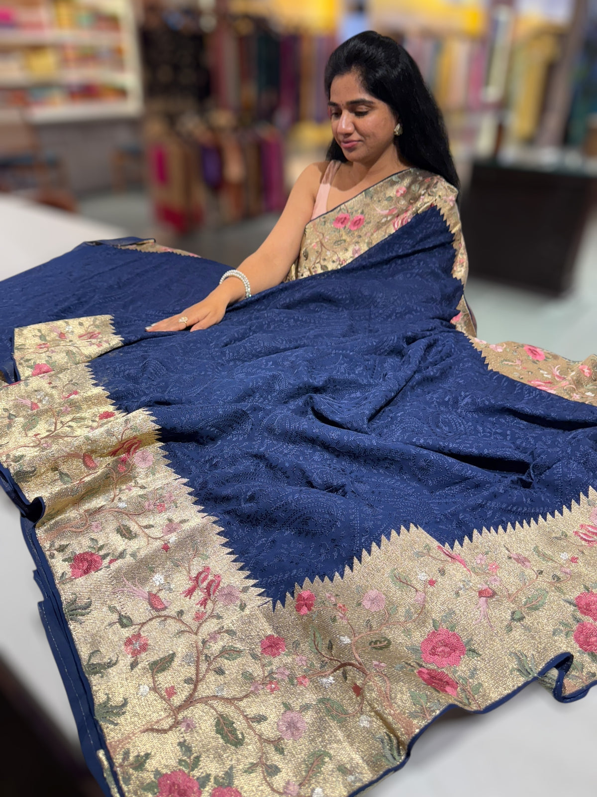 Midnight Blue Chikankari Georgette Saree with Tissue embroidered Border