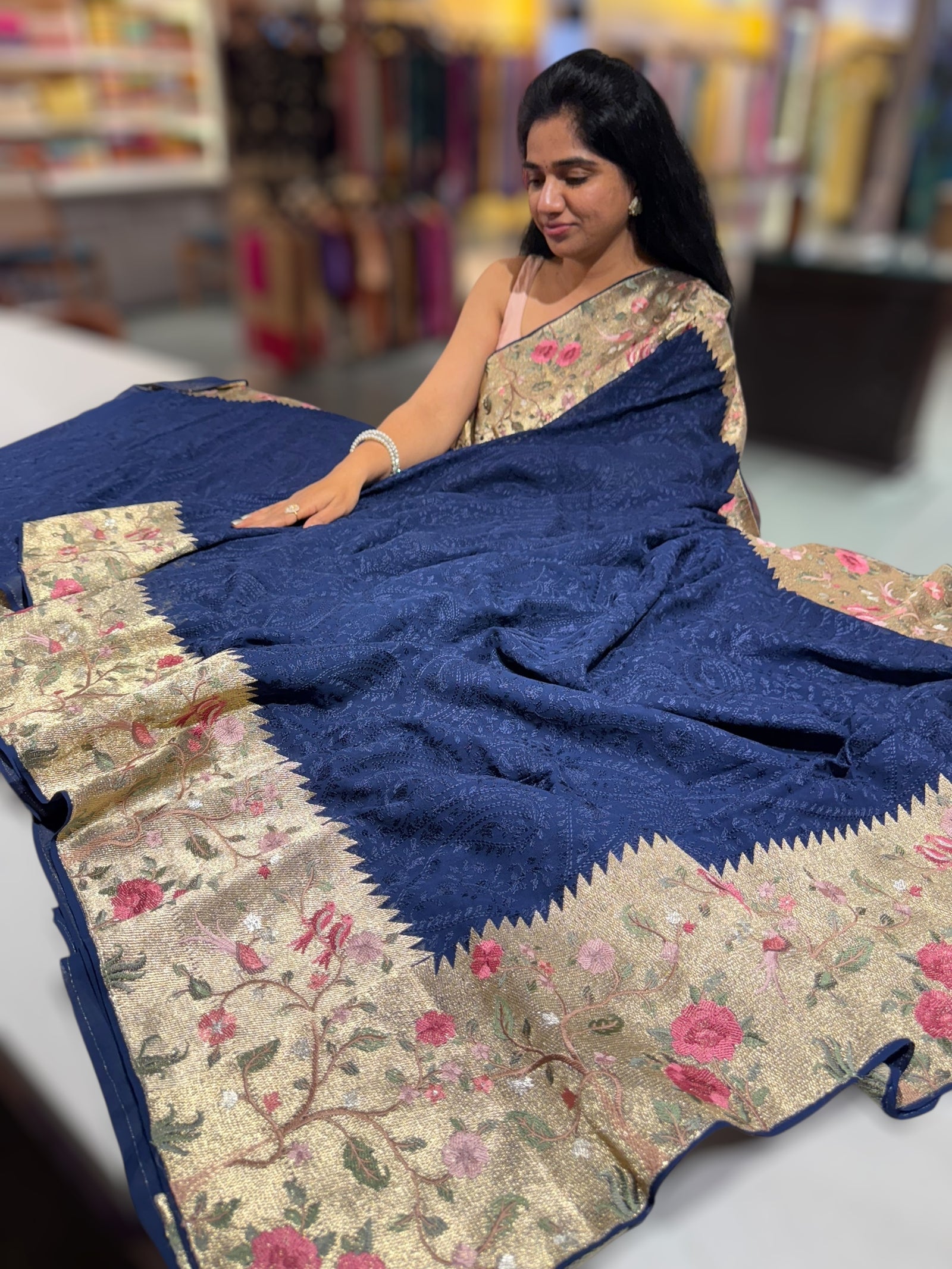 Midnight Blue Chikankari Georgette Saree with Tissue embroidered Border