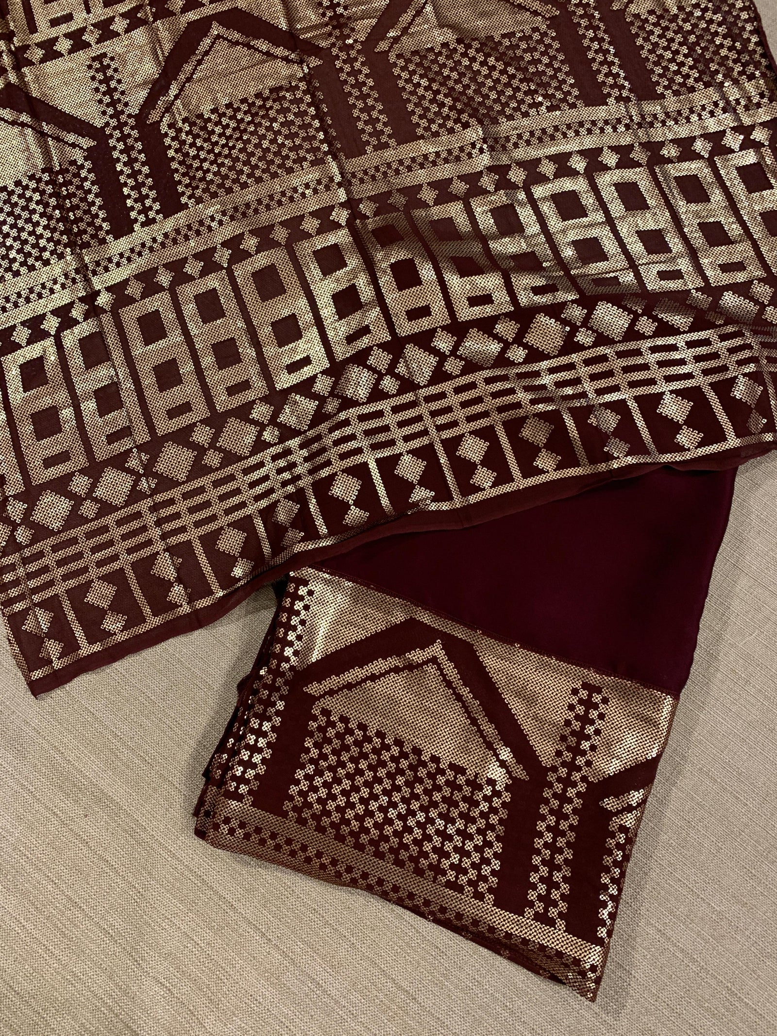 Burgundy Pure Satin Saree with designer sequence border and blouse