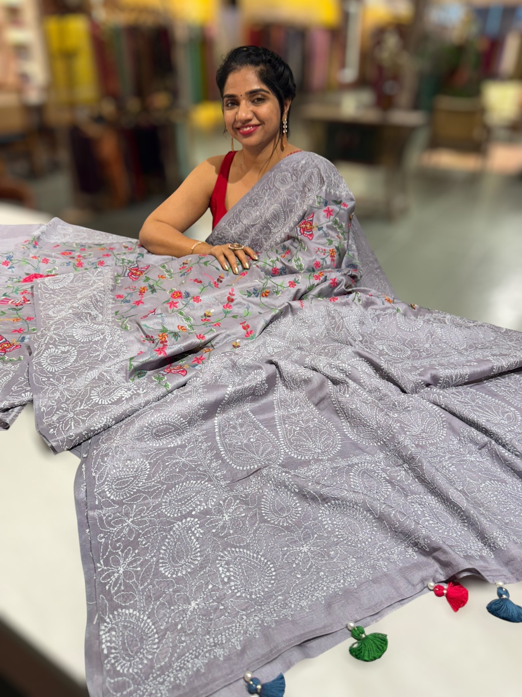 Lilac undertone tussar Saree with lucknowi border and pallu with allover petite point embroidery.