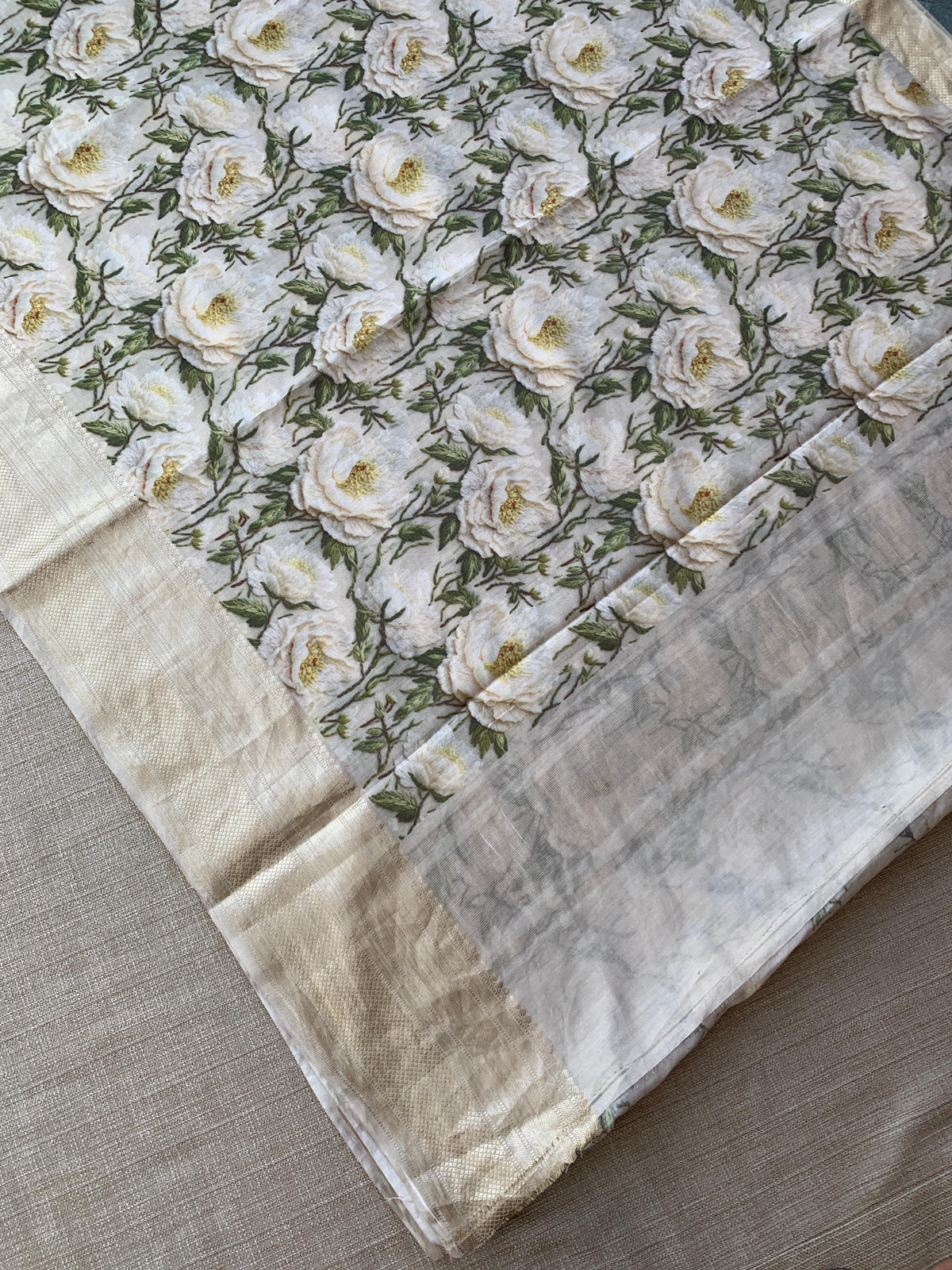 Ivory Pure Handloom Chiniya Silk Saree with stunning 3D Floral Print and zari borders