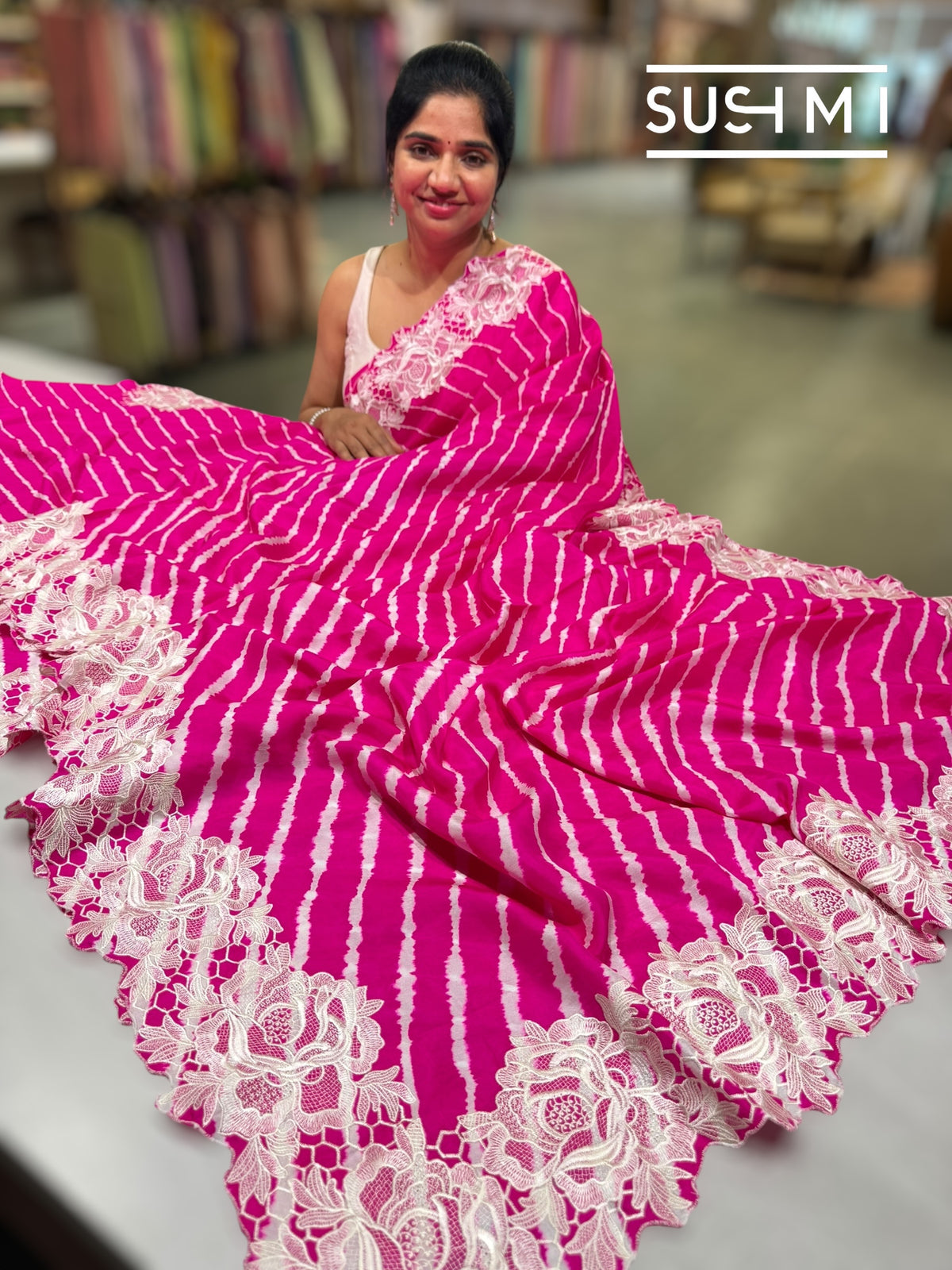 Fuschia Pink habutai Satin Silk lehariya Saree S62F065