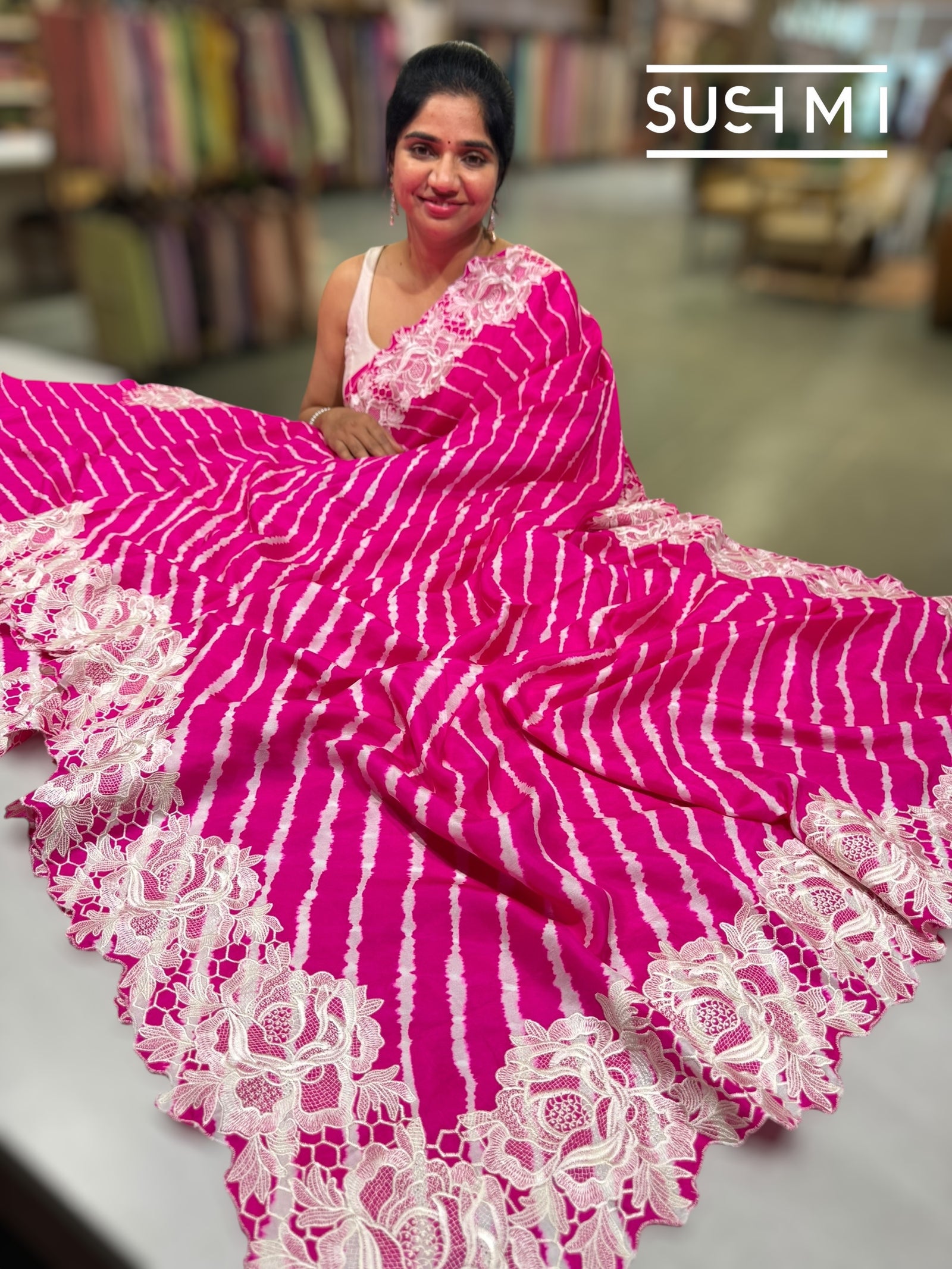 Fuschia Pink habutai Satin Silk lehariya Saree S62F065