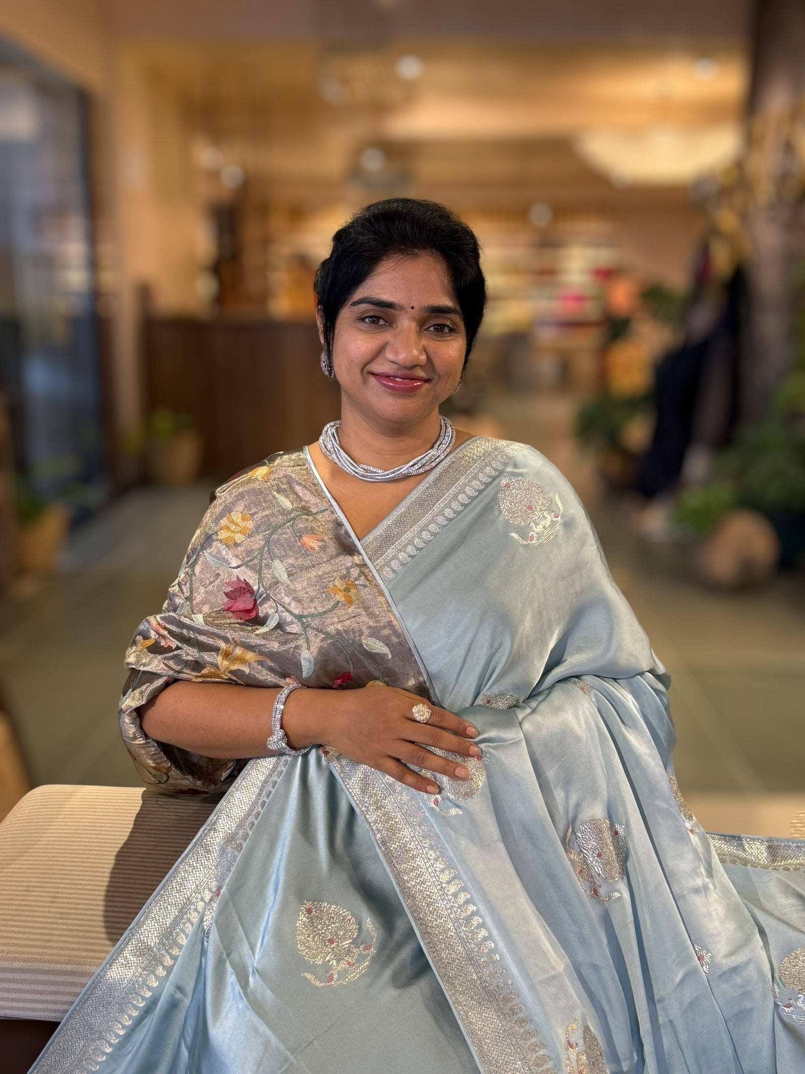 Powder Blue Satin Saree with Embroidery.