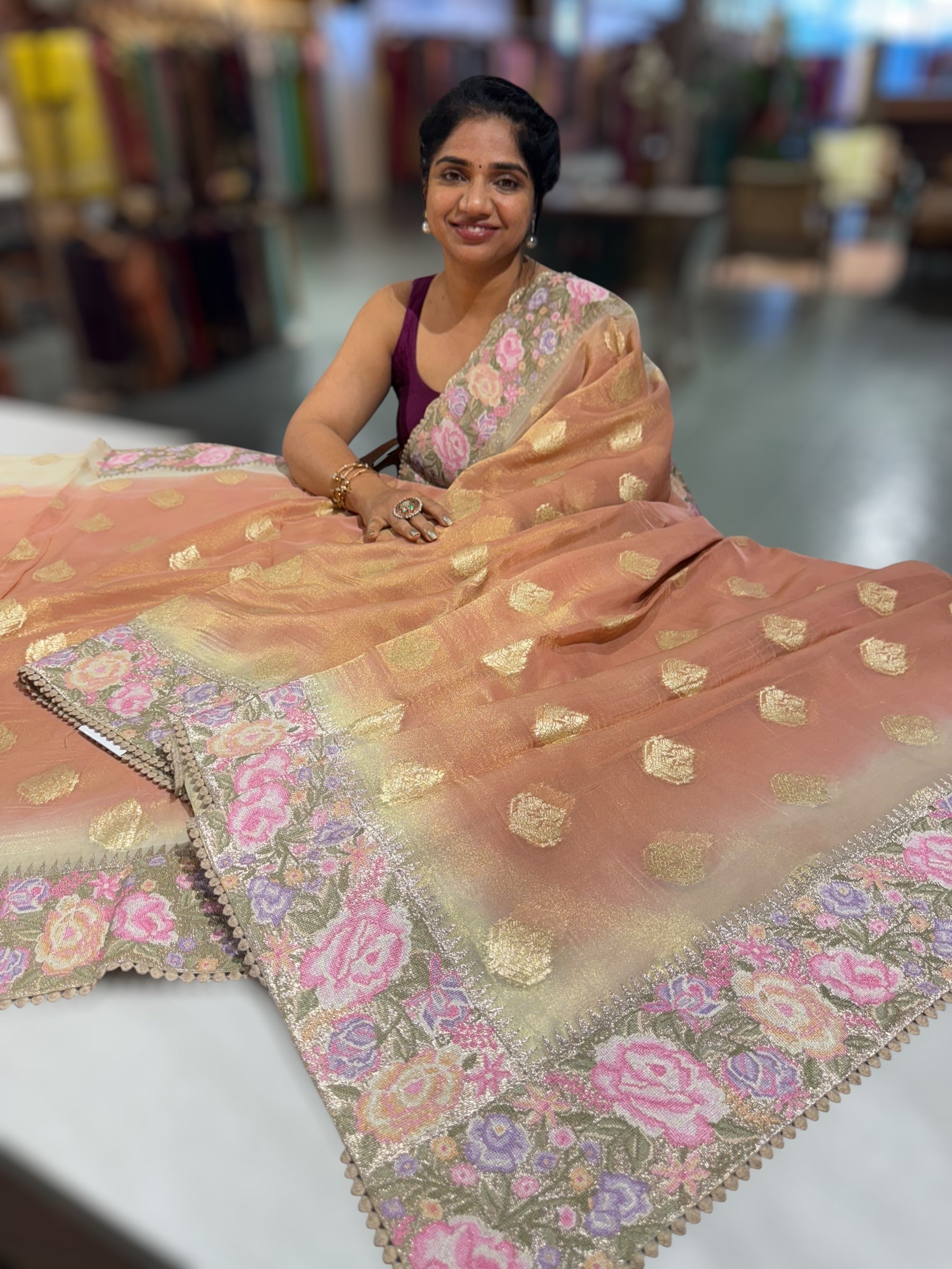 Brownish Peach Banarasi Tissue Gorgette Saree With Petite Point Embroidered Border