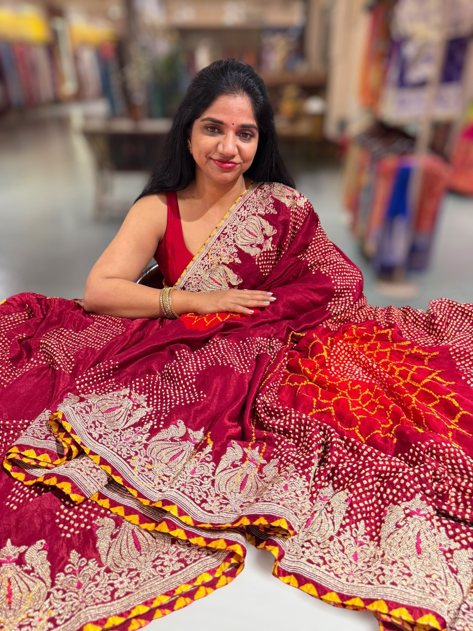 Burgundy Designer Rai Bandhej Saree With Embroidered Border
