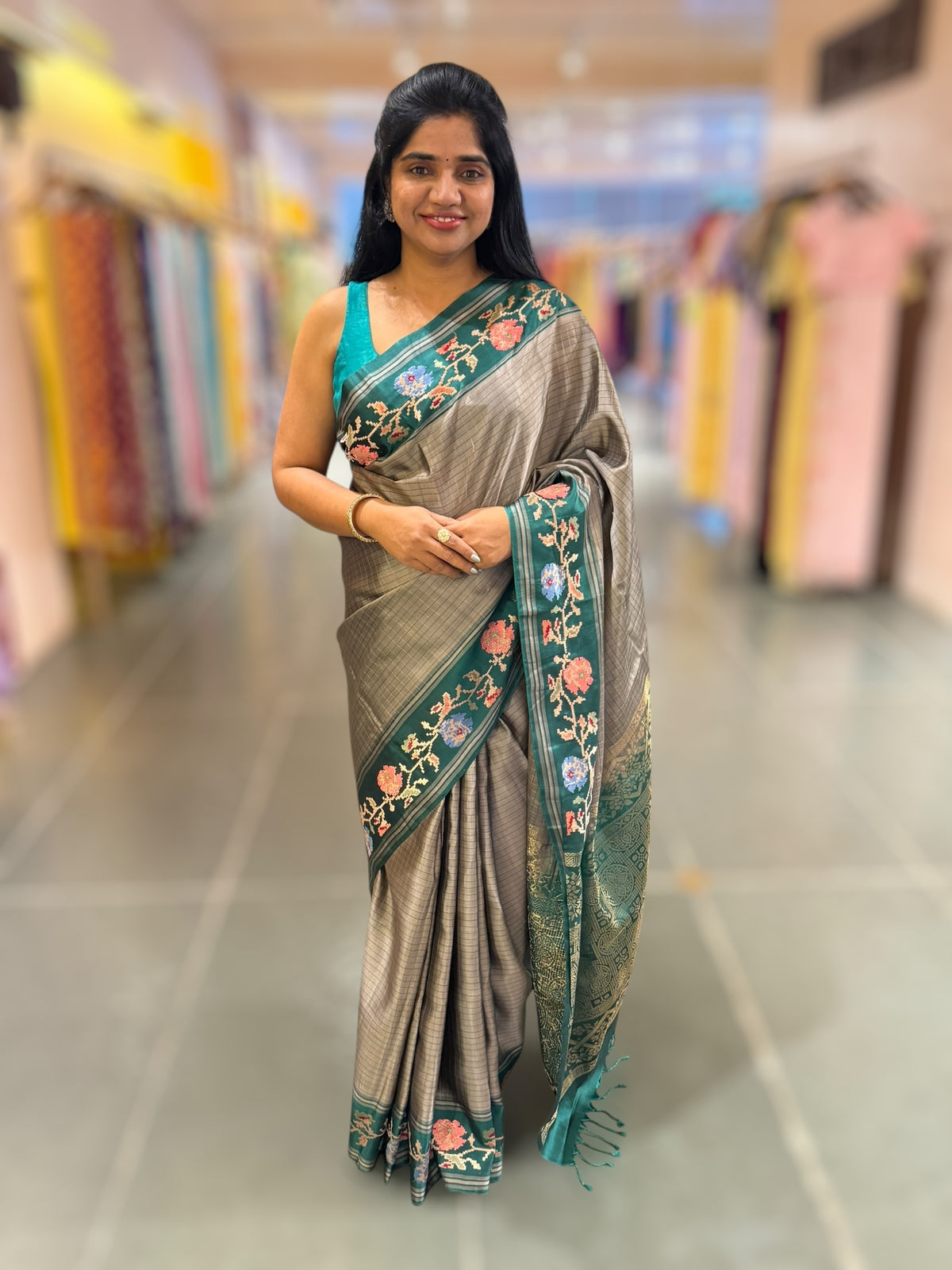 Dusty Grey &amp; Teal Vintage Kanchi soft silk saree with embroidery