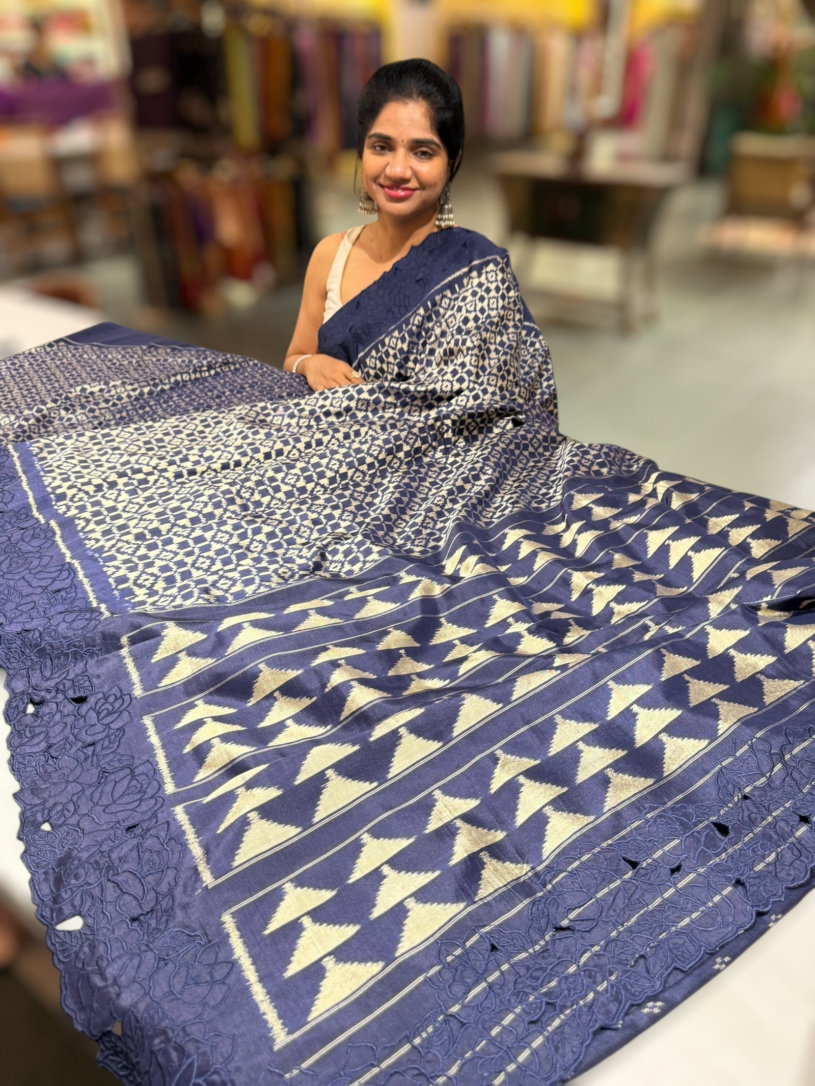 Midnight Blue Cambodian–inspired Ikkat Silk Saree with cutwork Rose Border