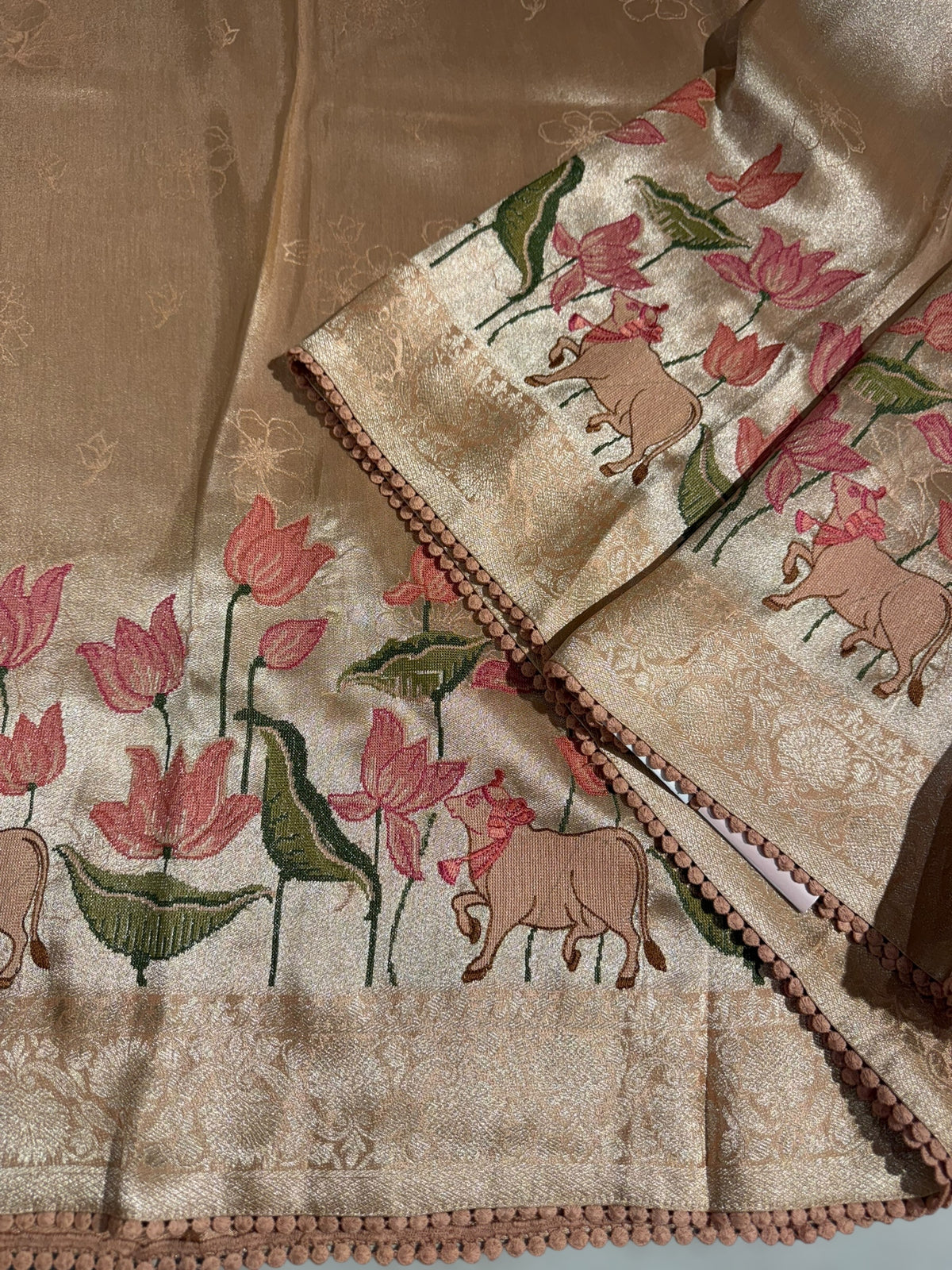 Peach Banarasi Brocade tissue saree with pichwai embroidery