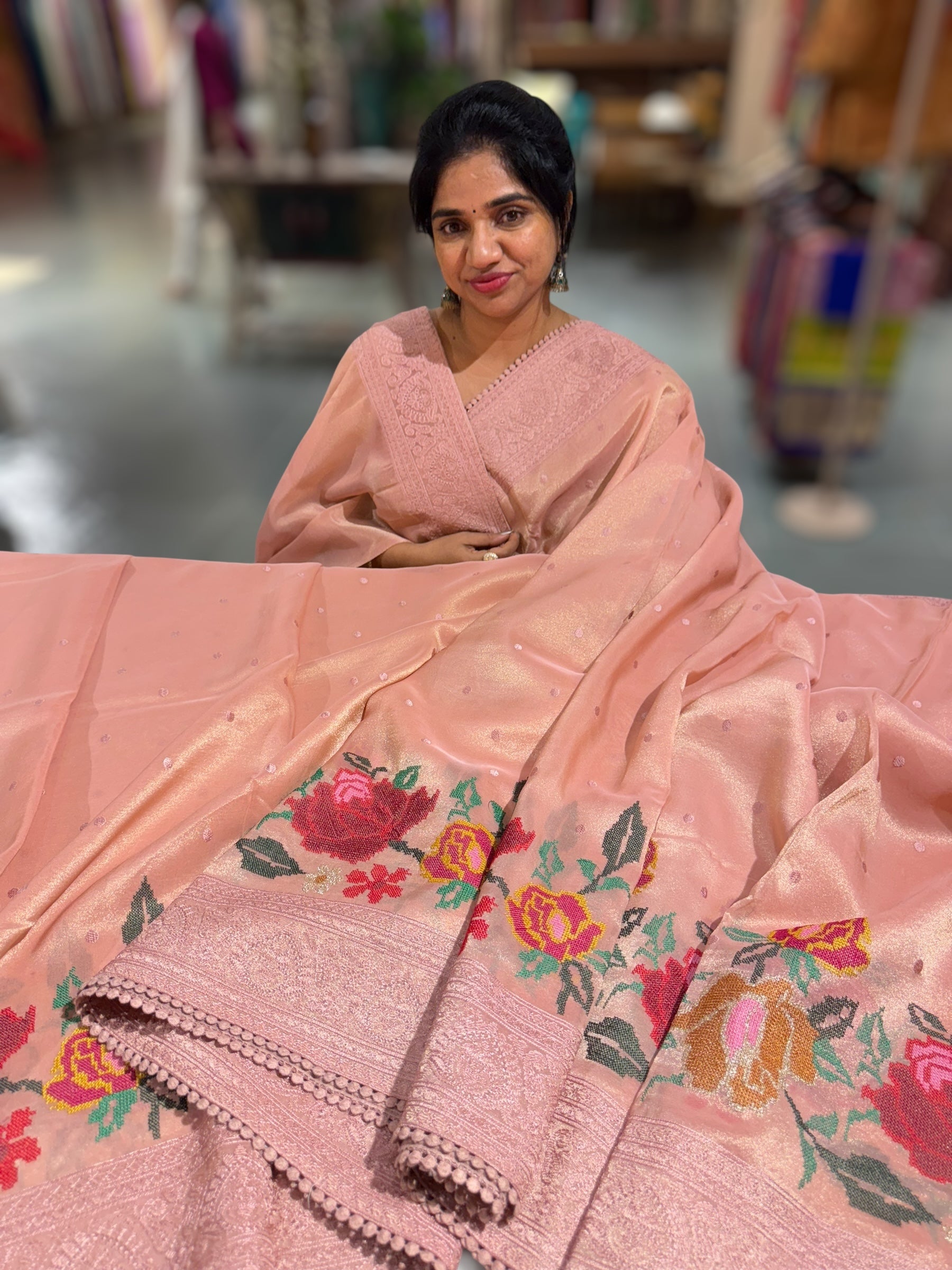 Dhaara : Peach Pink Tissue Gorgette Saree