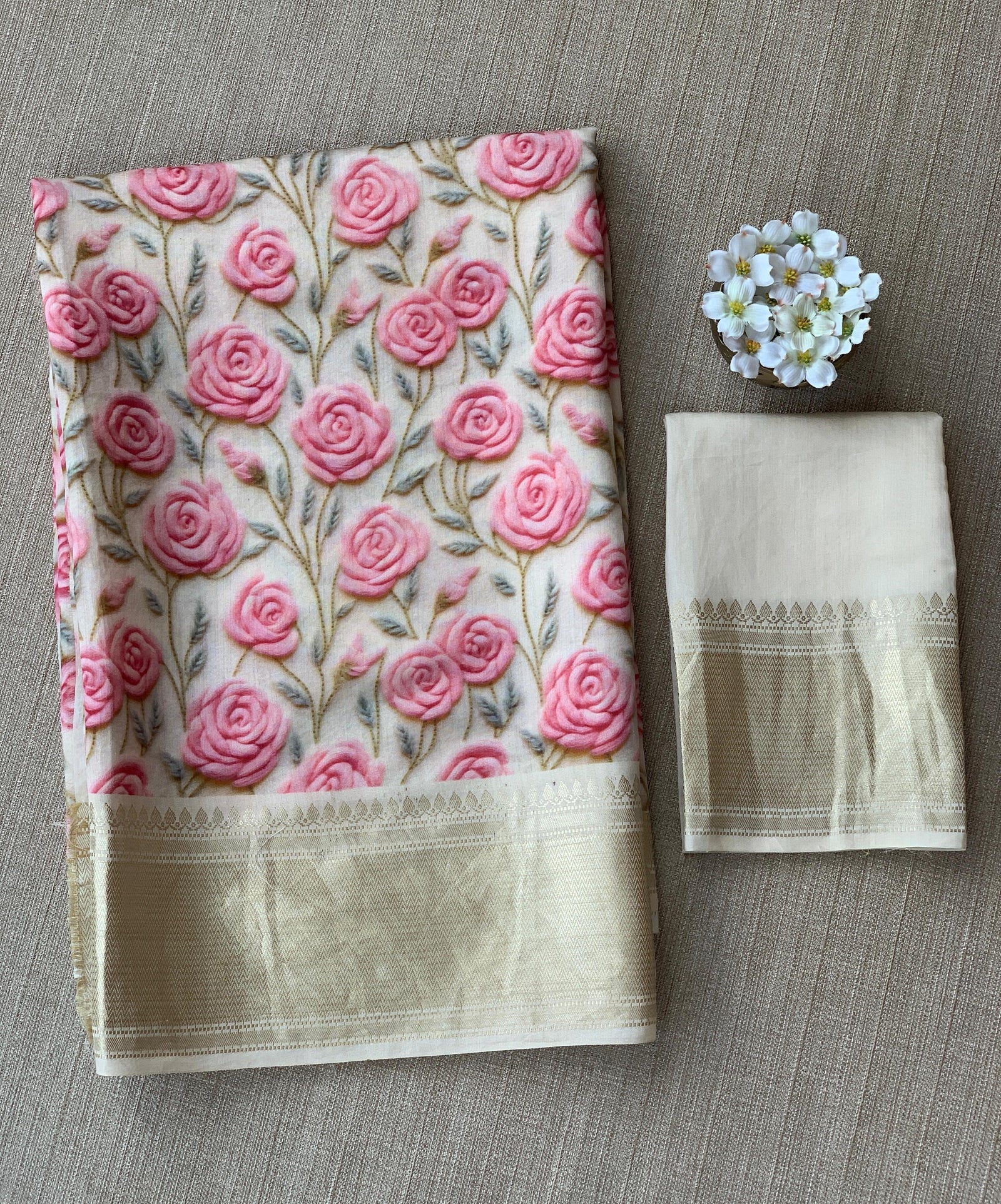 Halfwhite Pure Handloom Chiniya Silk Saree with stunning 3DRose Floral Print and zari borders