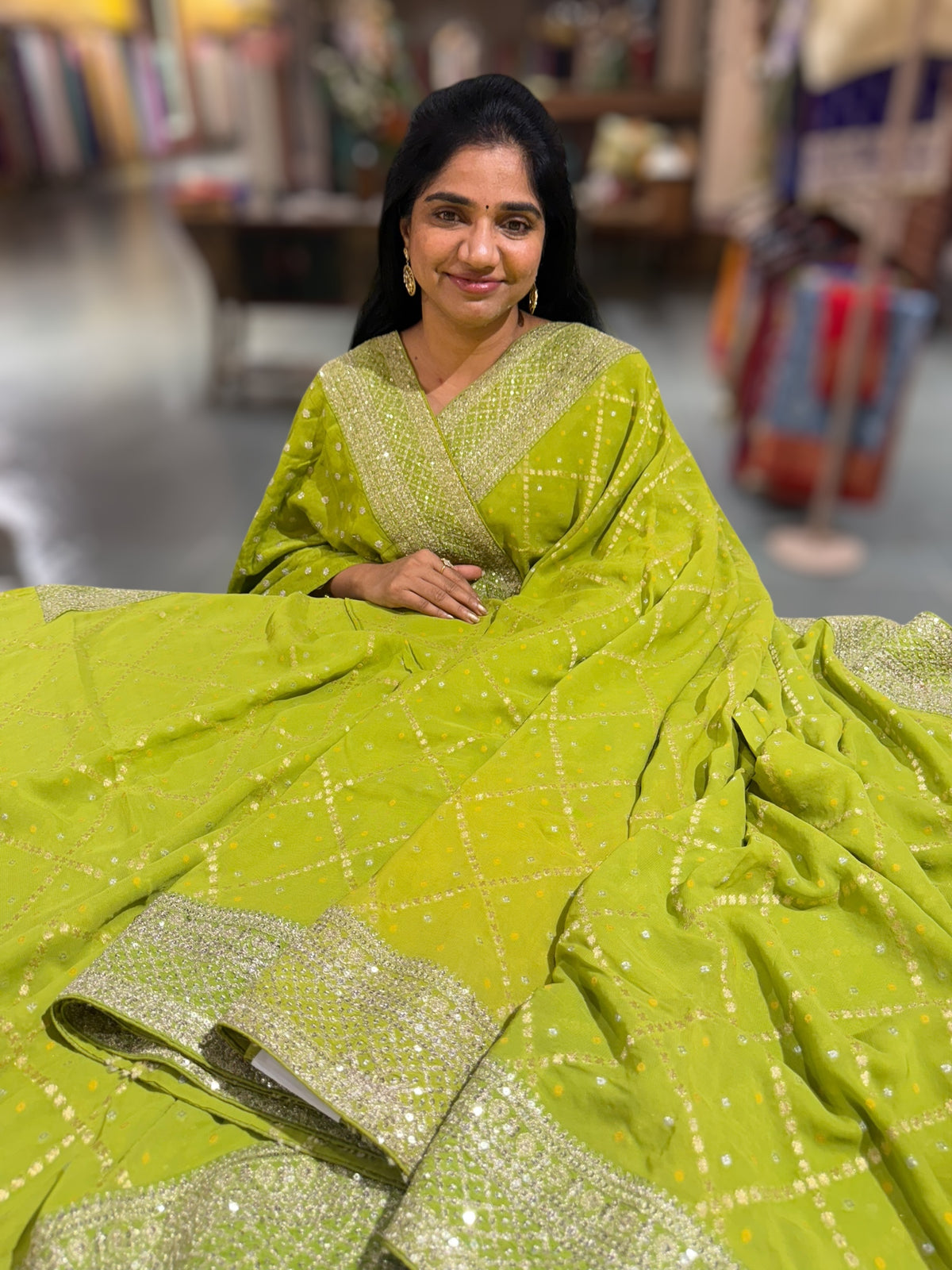 Parrot Green Fancy Banarasi Bandhini georgette saree with sabhyasachi borders and blouse