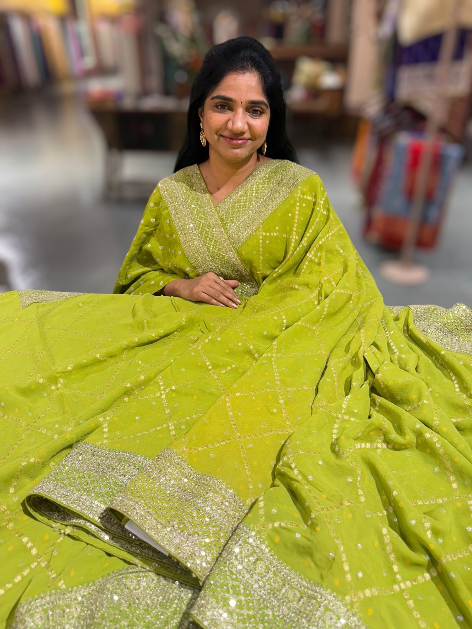 Parrot Green Fancy Banarasi Bandhini georgette saree with sabhyasachi borders and blouse