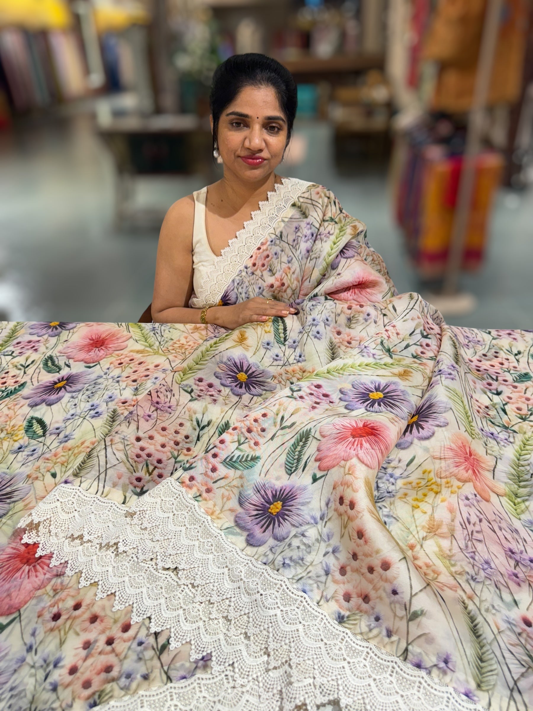 Ivory Organza 3D floral Printed Saree hemlined with crotia lace